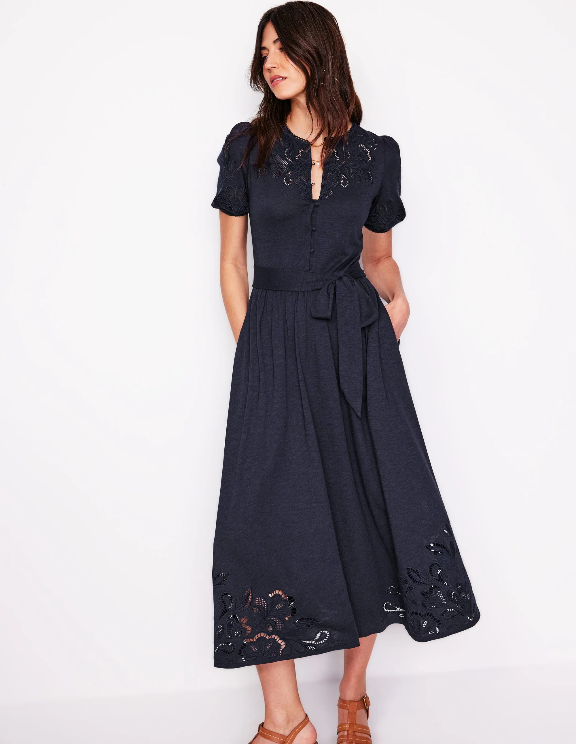 Cutwork Detail Midi Dress-Navy - Image 4