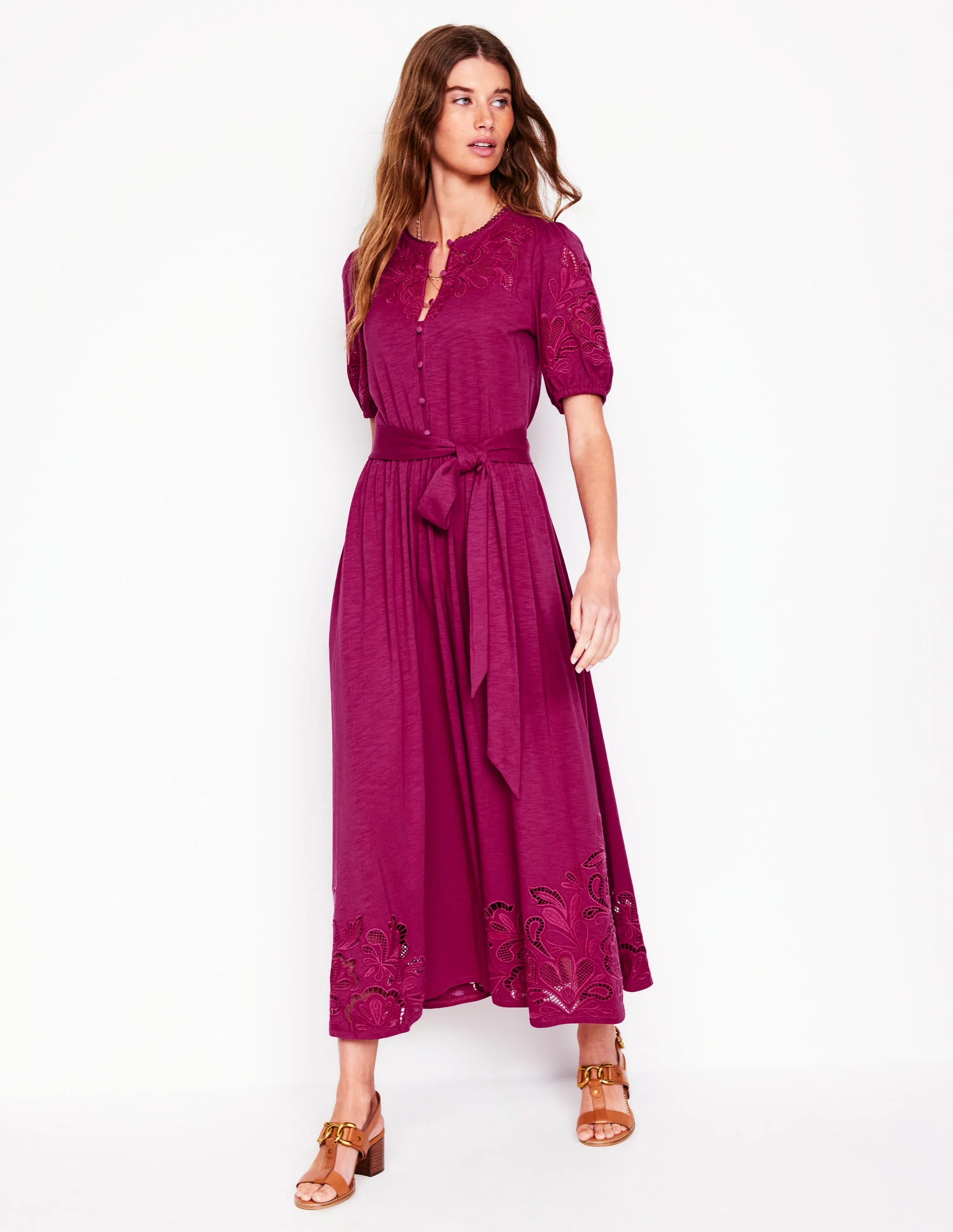 Cutwork Detail Midi Dress-Rich Magenta - Image 4