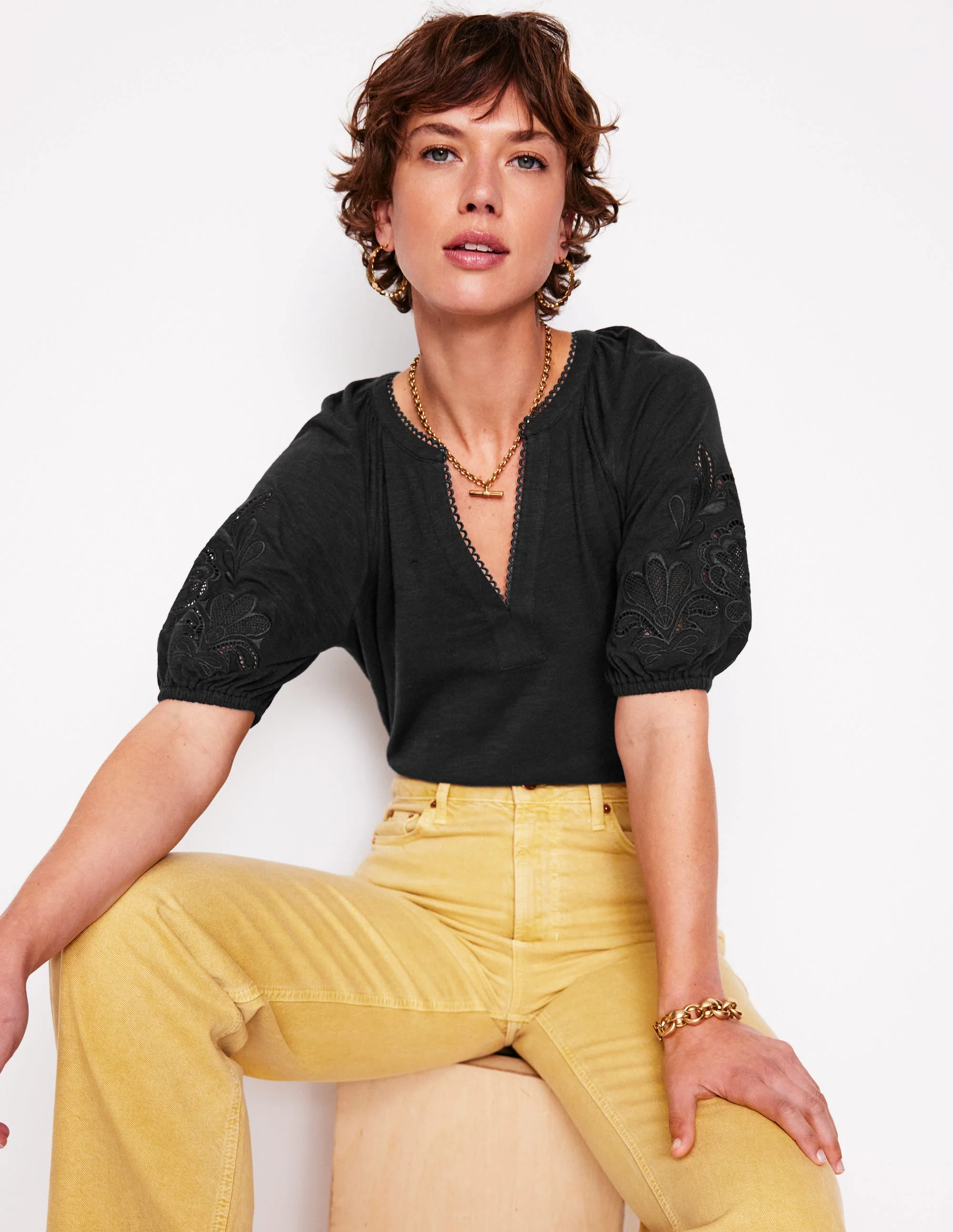Cutwork Notch Neck Top-Black