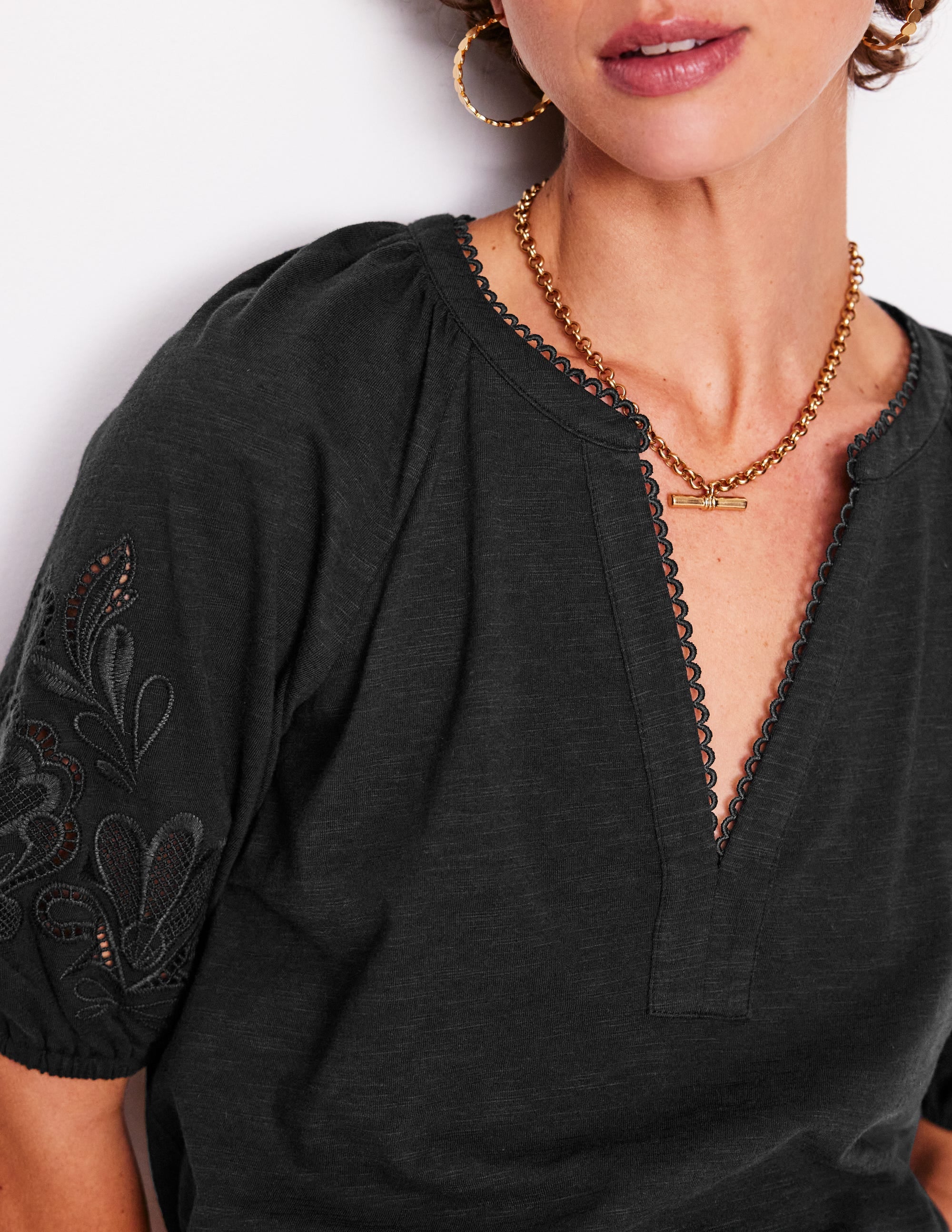 Cutwork Notch Neck Top-Black - Image 2