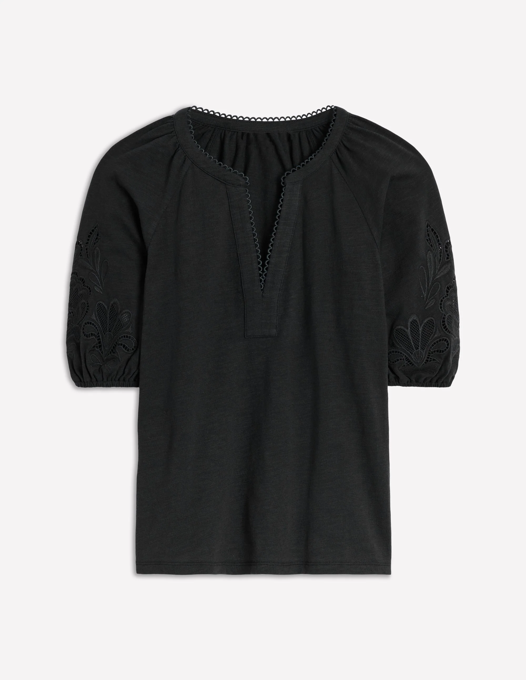 Cutwork Notch Neck Top-Black - Image 5