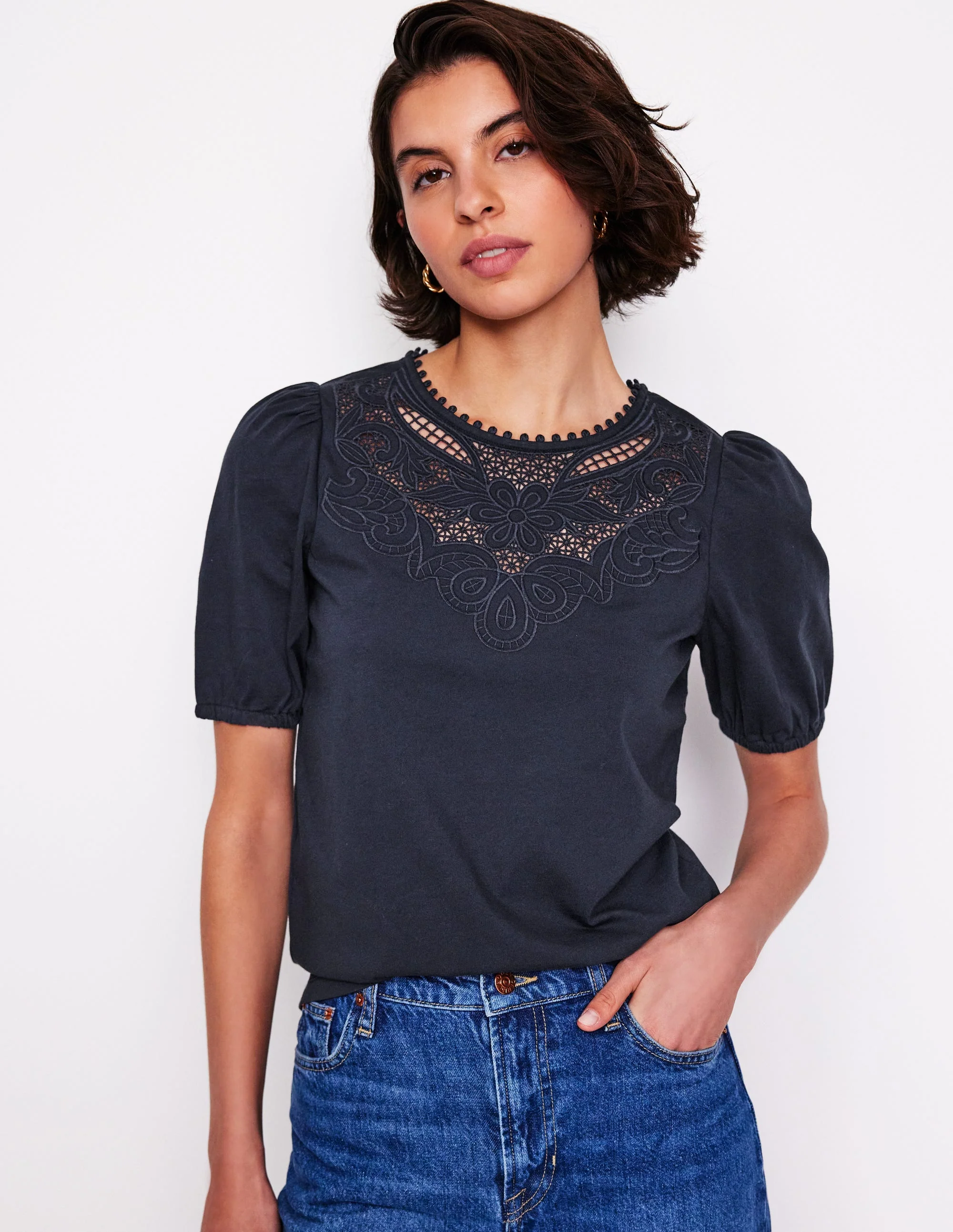 Cutwork Puff Sleeve T-Shirt-Navy