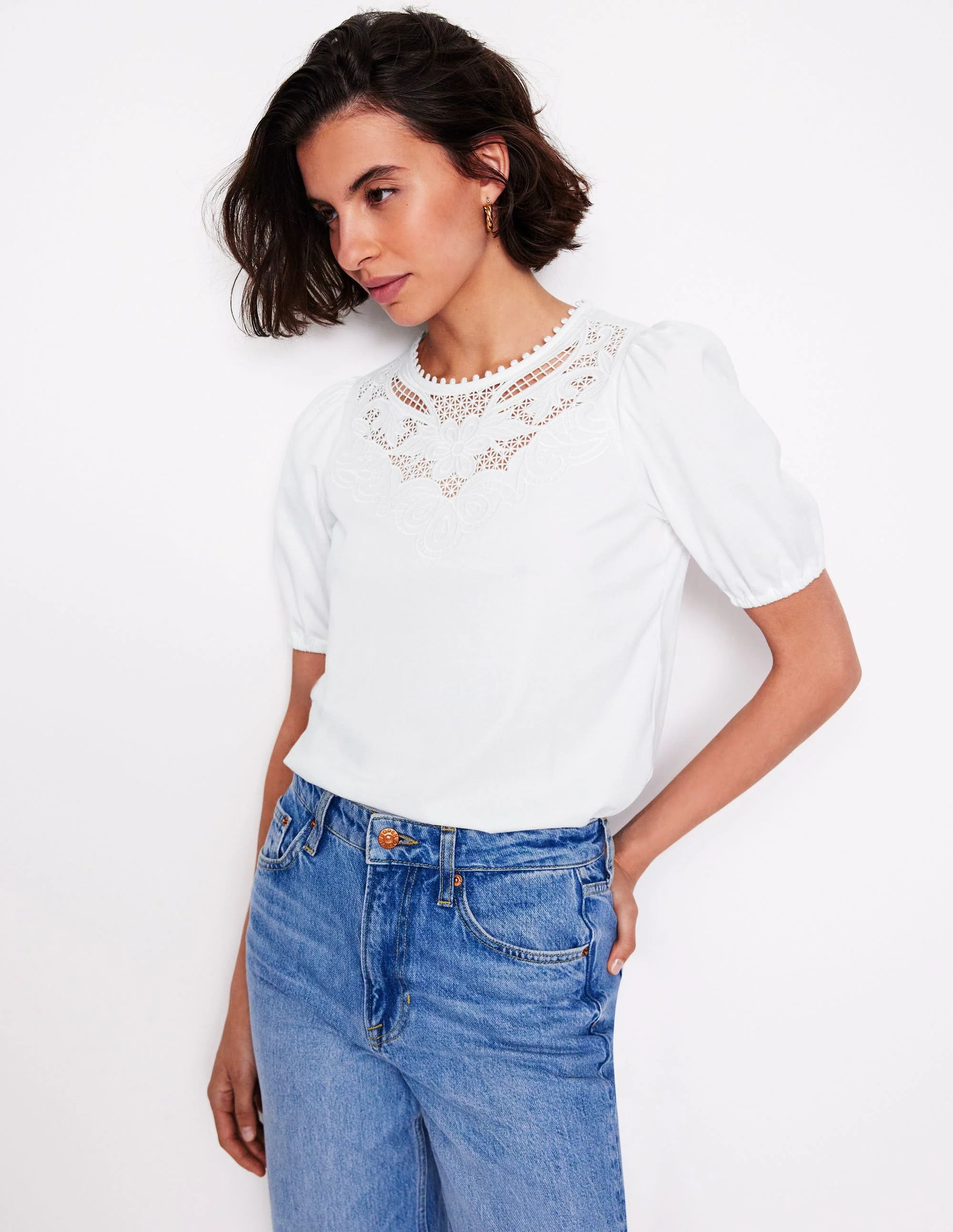 Cutwork Puff Sleeve T-Shirt-White