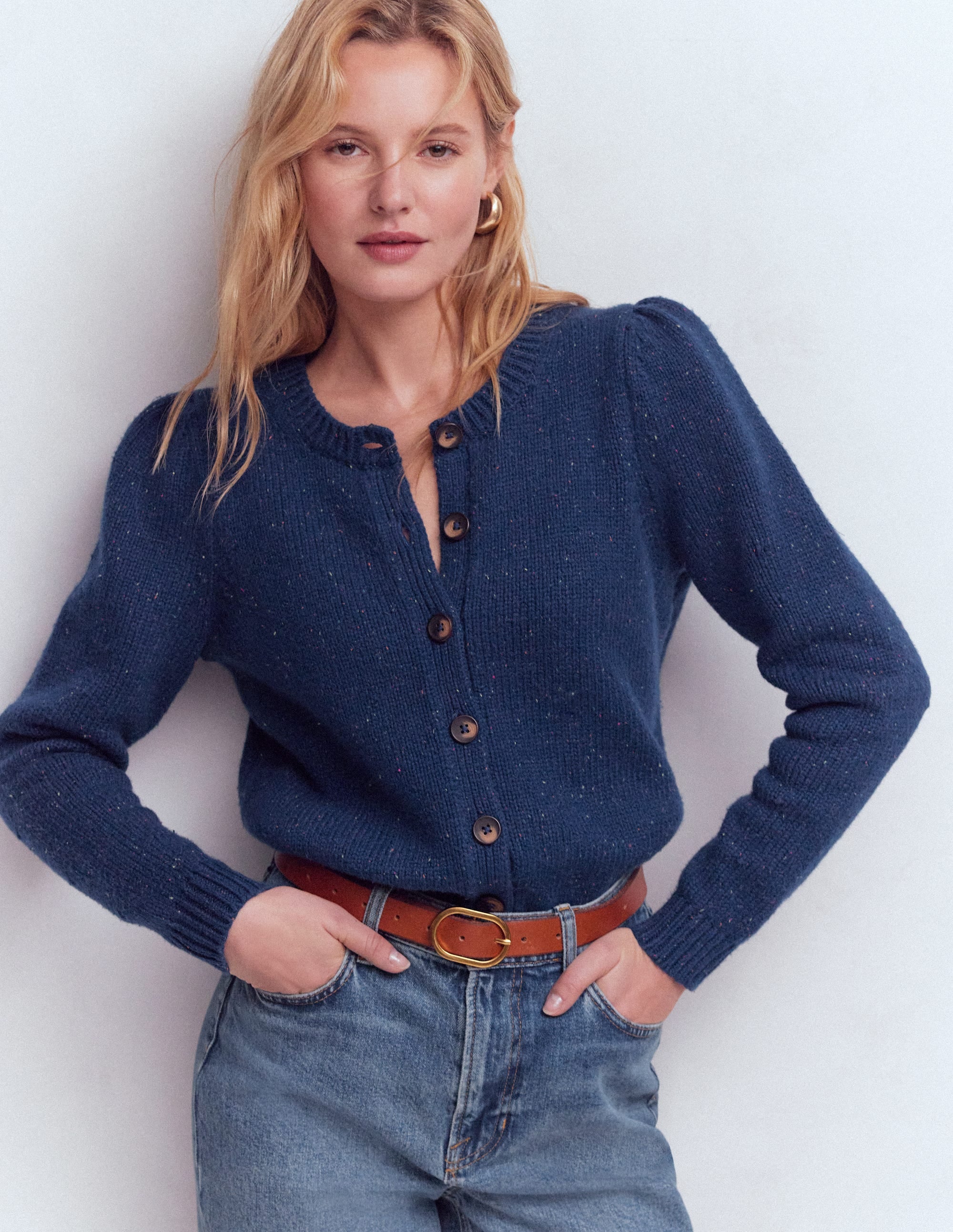 Davina Puff Sleeve Cardigan-Blue, Nep - Image 5
