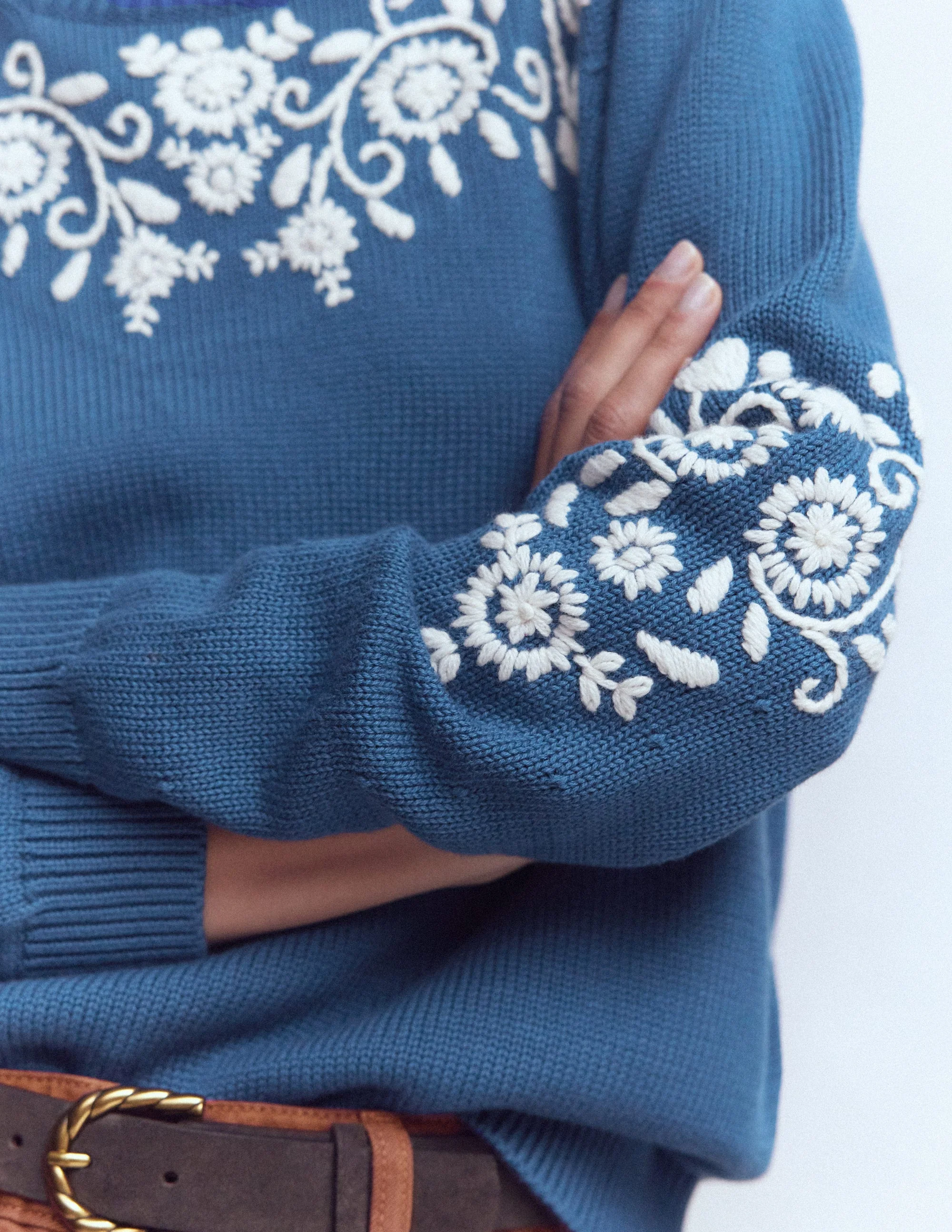 Davina Puff Sleeve Jumper-Denim Blue Embroidery - Image 5