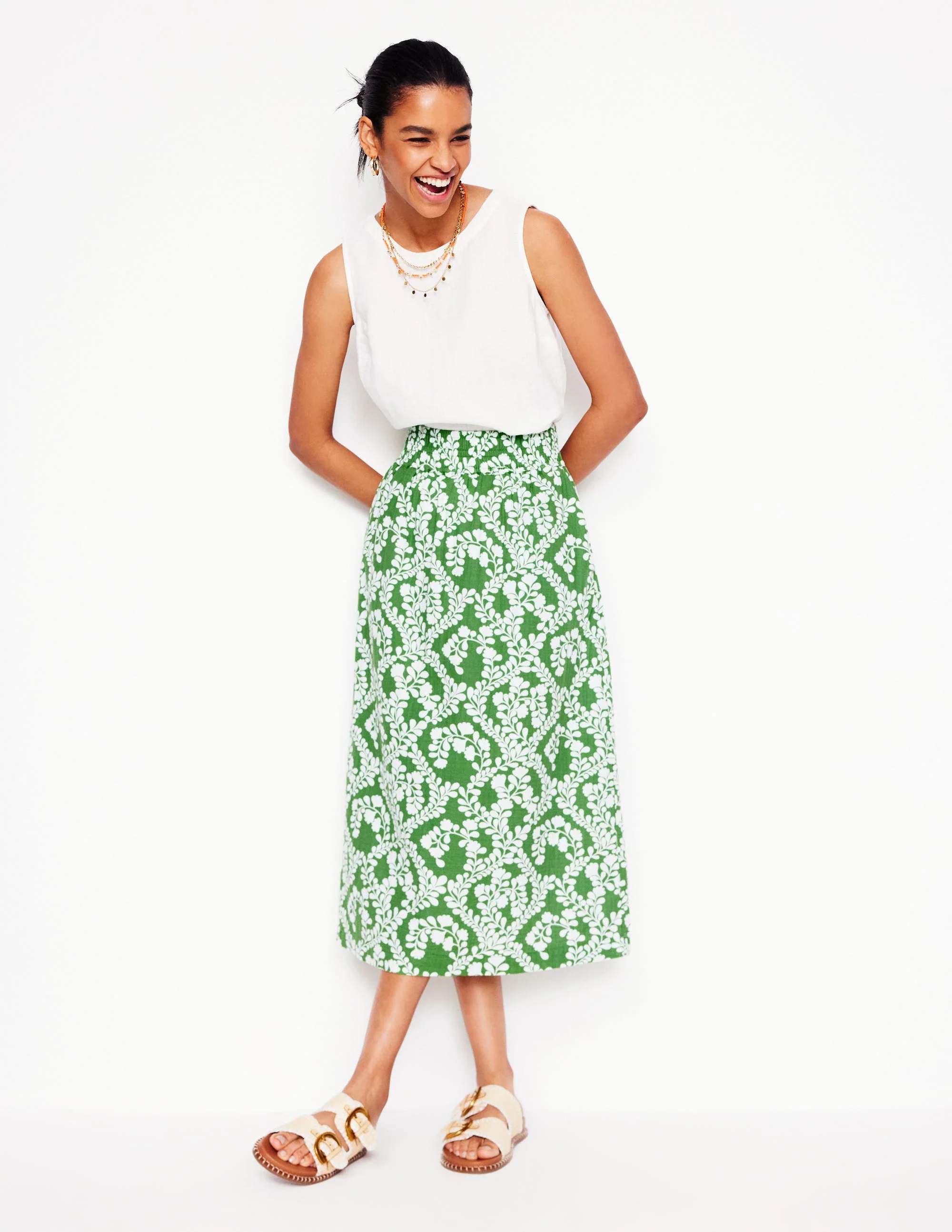 Double Cloth Smocked Skirt-Paradise Green,Vine Silhouette