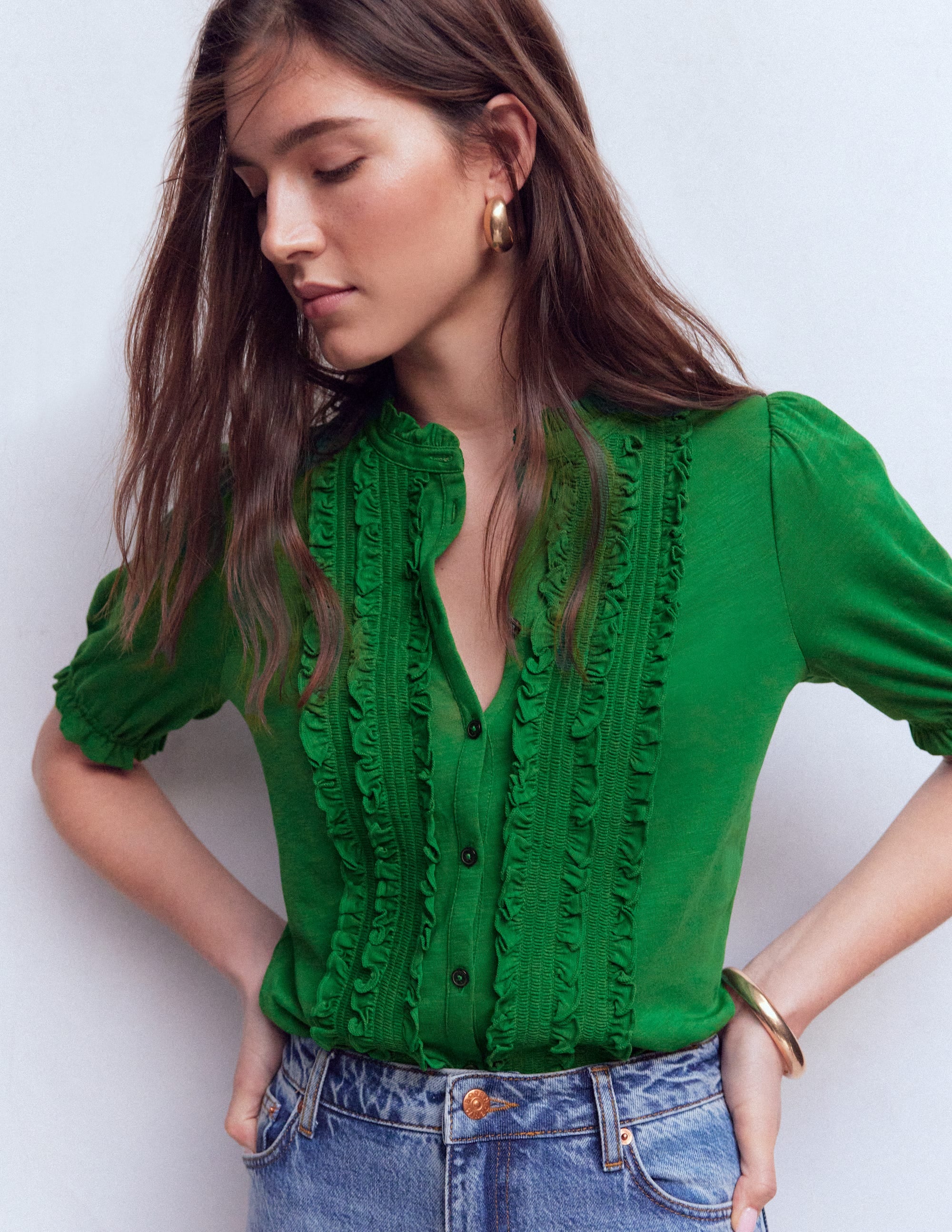 Eda Ruffle Front Shirt-Fresh Green - Image 4