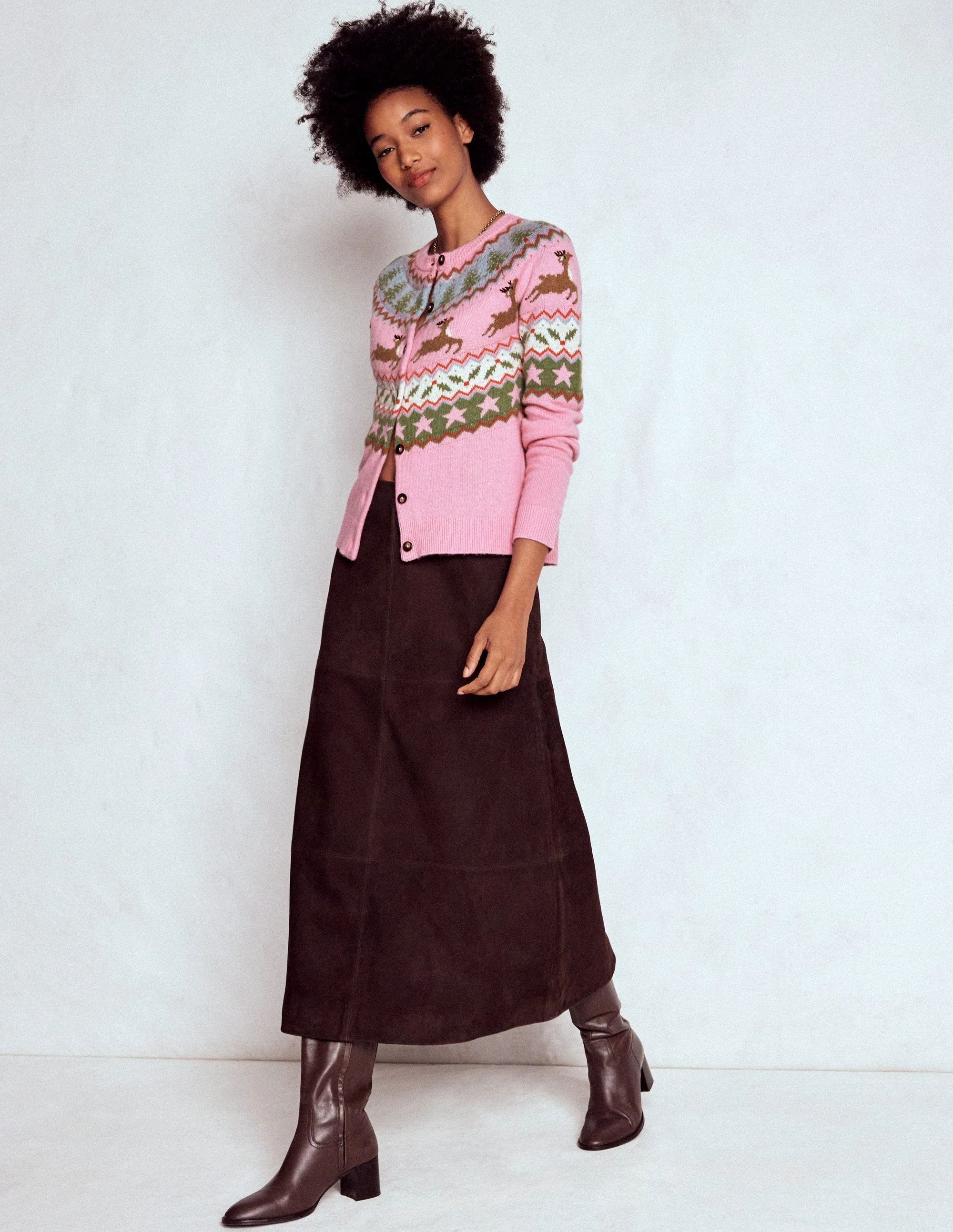 Edie Fair Isle Cardigan-Pink, Reindeer - Image 2