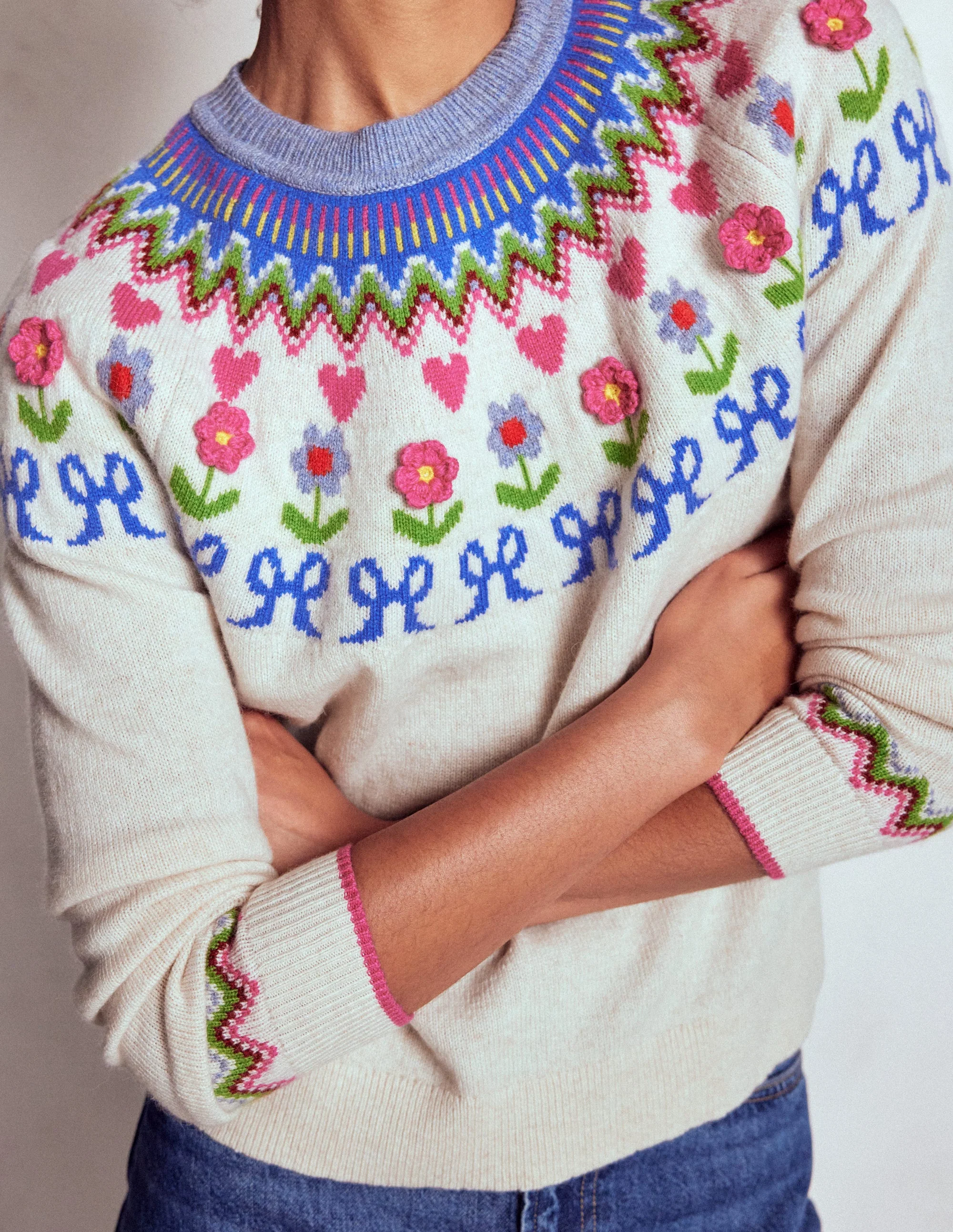 Edie Fair Isle Jumper-Oatmeal Melange, Flowers - Image 3