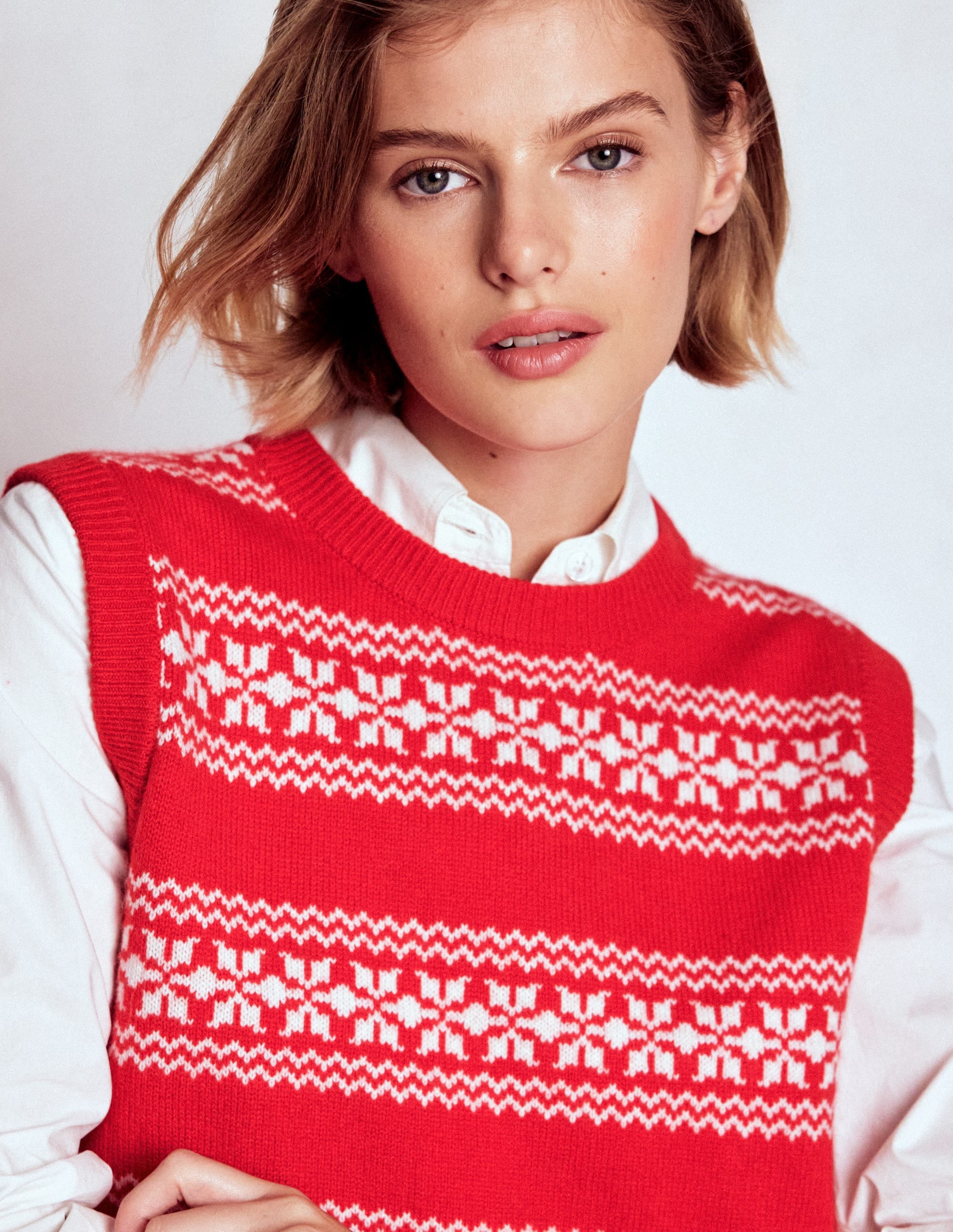 Edie Fair Isle Tank-Poppy Red, Warm Ivory - Image 2