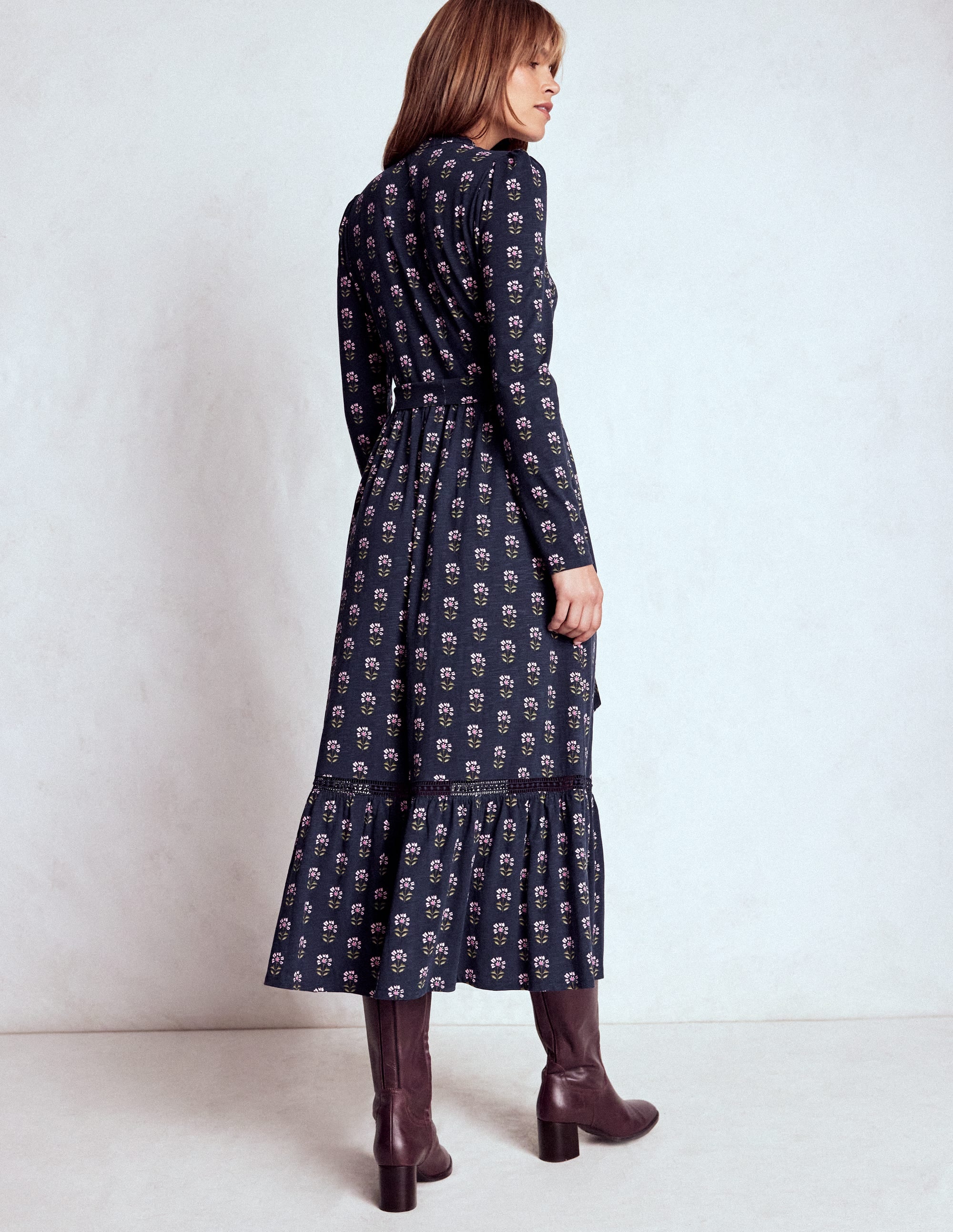 Edwina Jersey Shirt Dress-French Navy, Woodblock Flower - Image 3