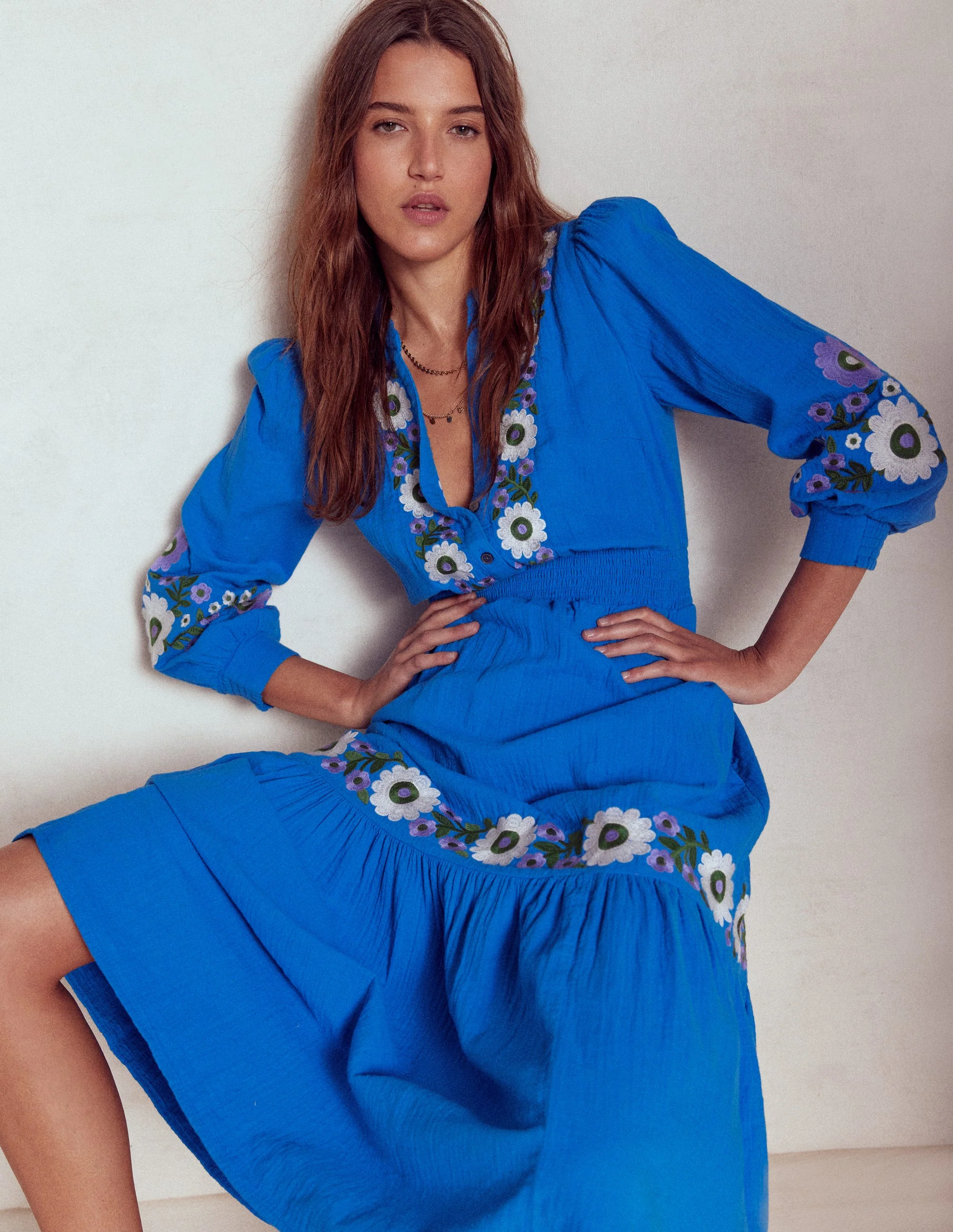 Elena Double Cloth Midi Dress-Blue Embroidery - Image 3
