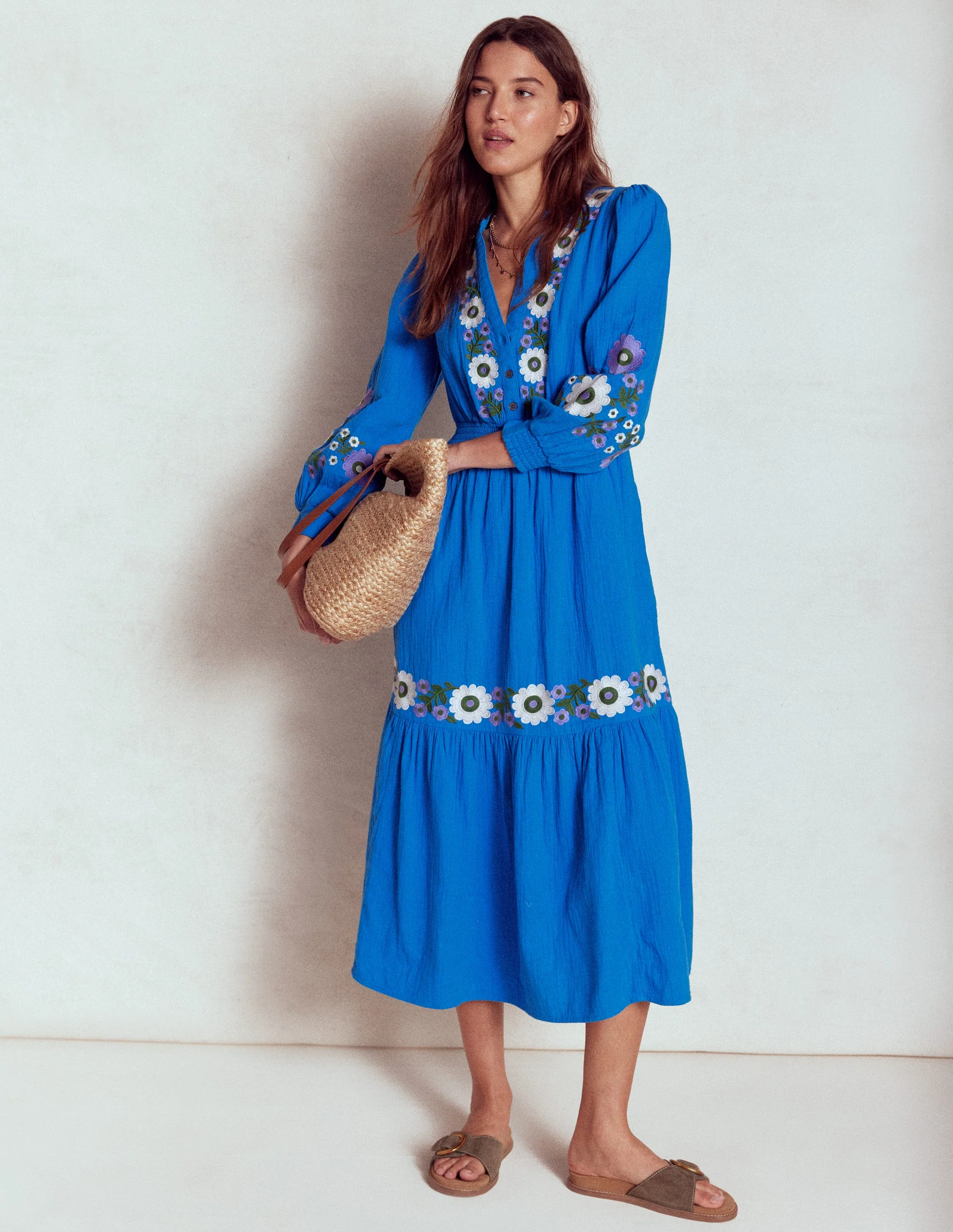 Elena Double Cloth Midi Dress-Blue Embroidery - Image 6