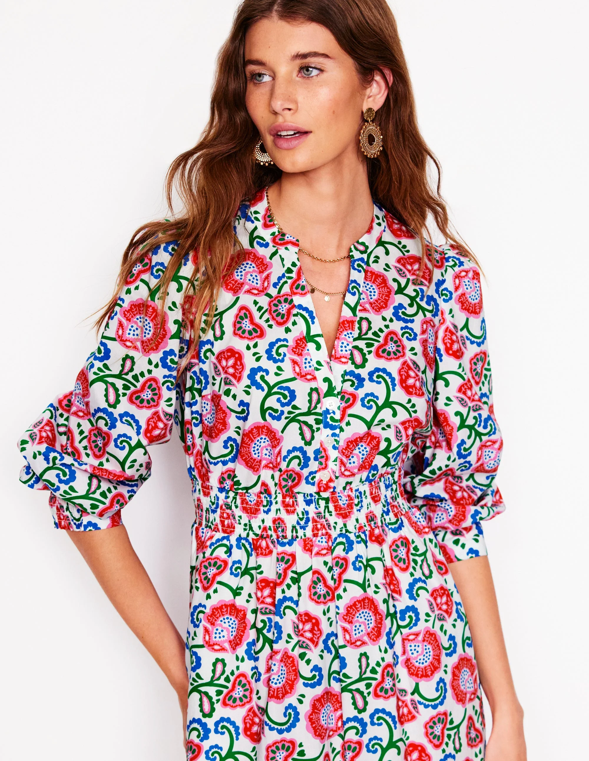 Elena Tiered Cotton Midi Dress-Ivory, Garden Vine - Image 2
