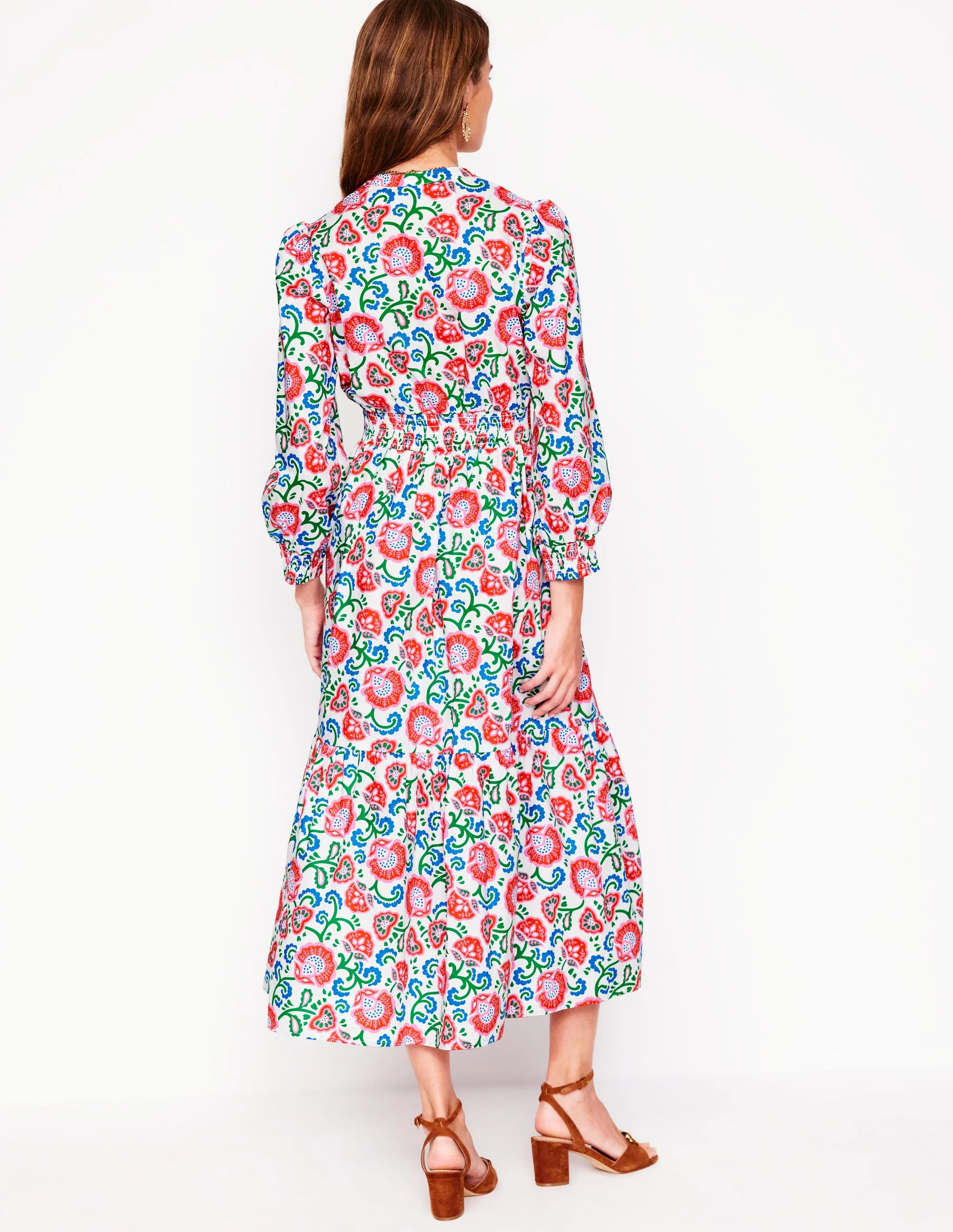 Elena Tiered Cotton Midi Dress-Ivory, Garden Vine - Image 3
