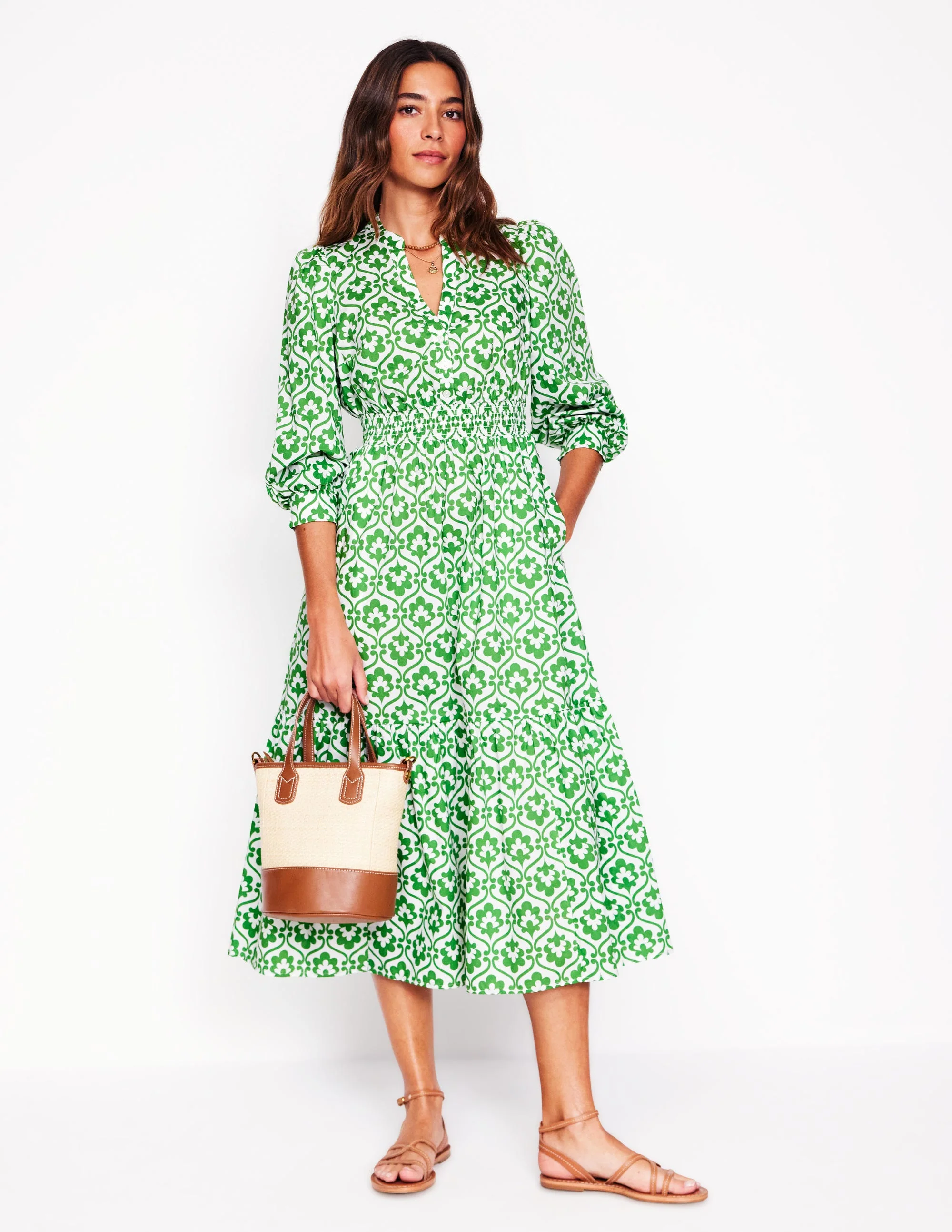 Elena Tiered Cotton Midi Dress-Paradise Green, Ivy Trellis - Image 4