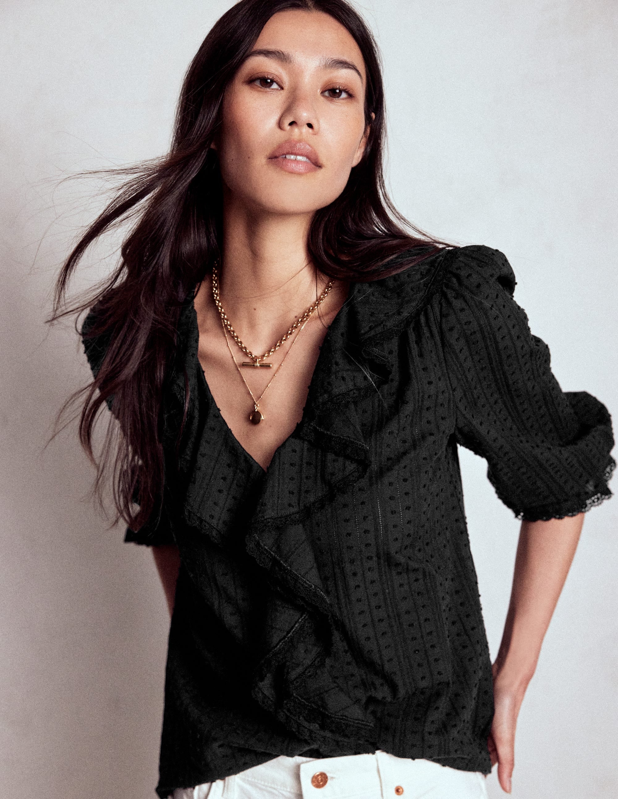 Eliza Ruffle V-Neck Blouse-Black