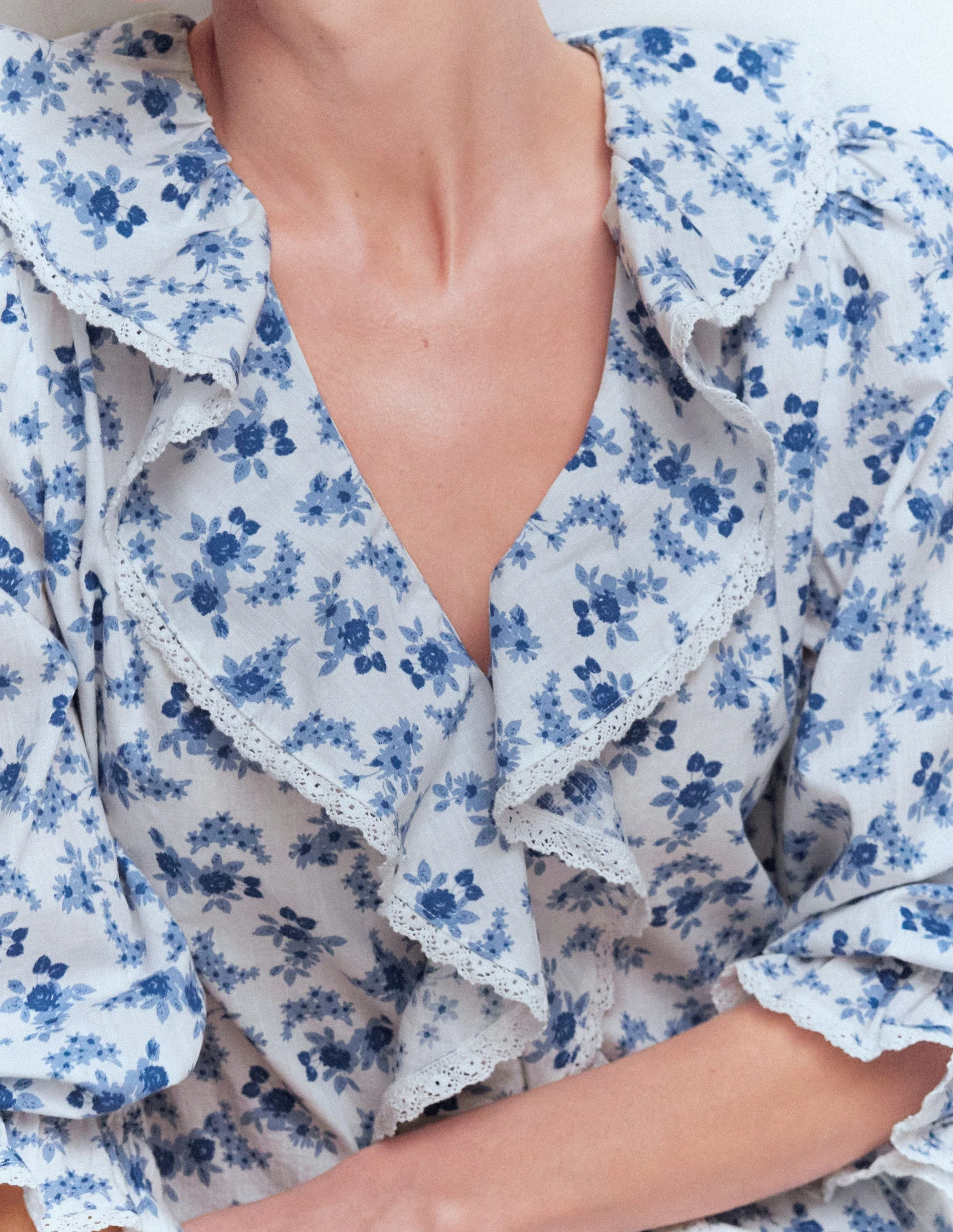 Eliza Ruffle V-Neck Blouse-Blue Floral - Image 3