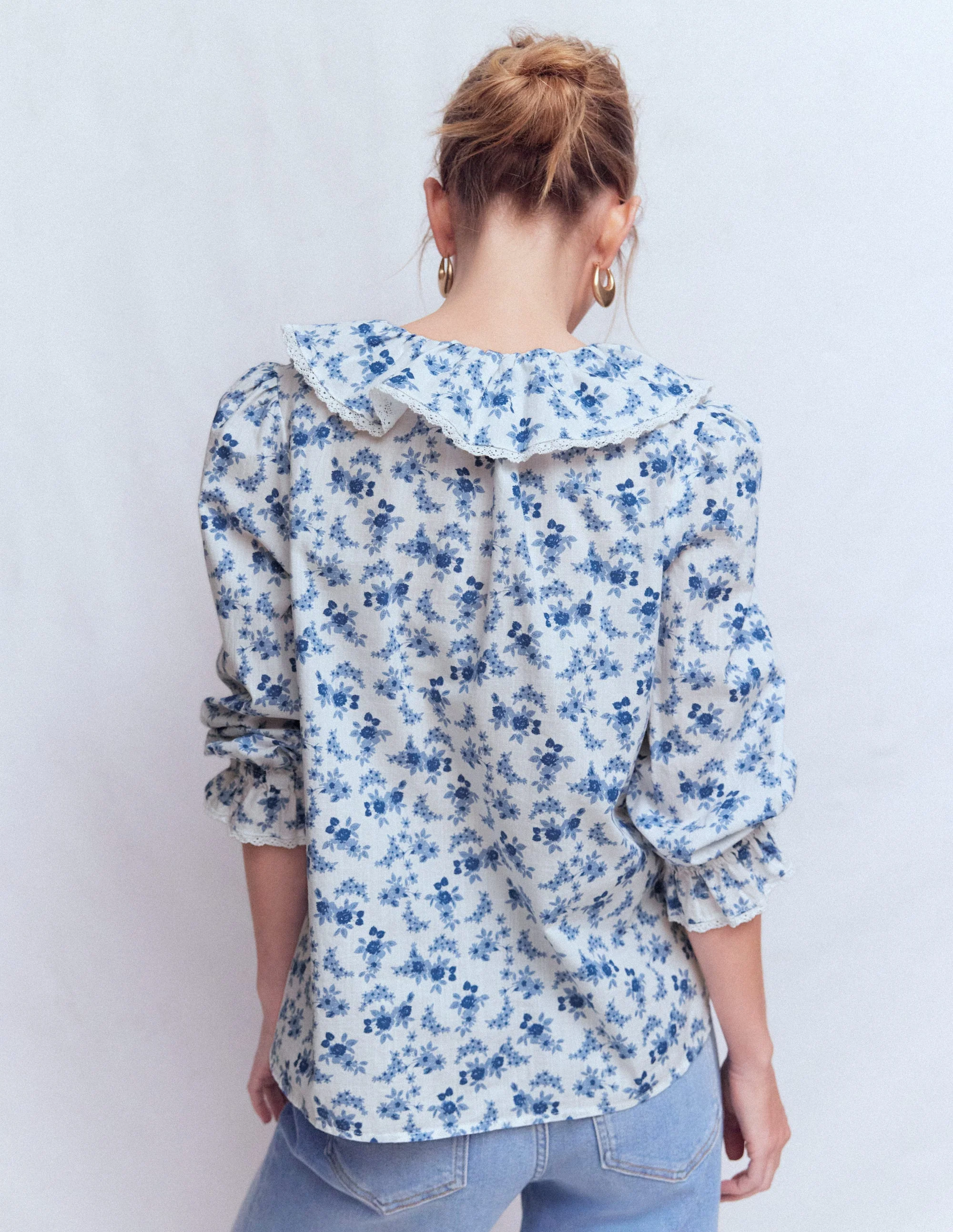 Eliza Ruffle V-Neck Blouse-Blue Floral - Image 4