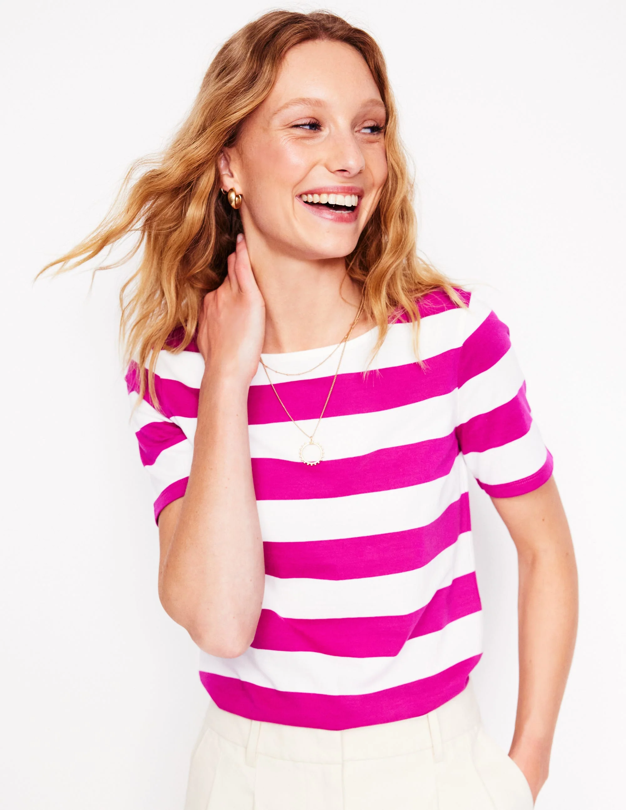 Ella Short Sleeve Breton-Ivory, Festival Fuchsia - Image 2
