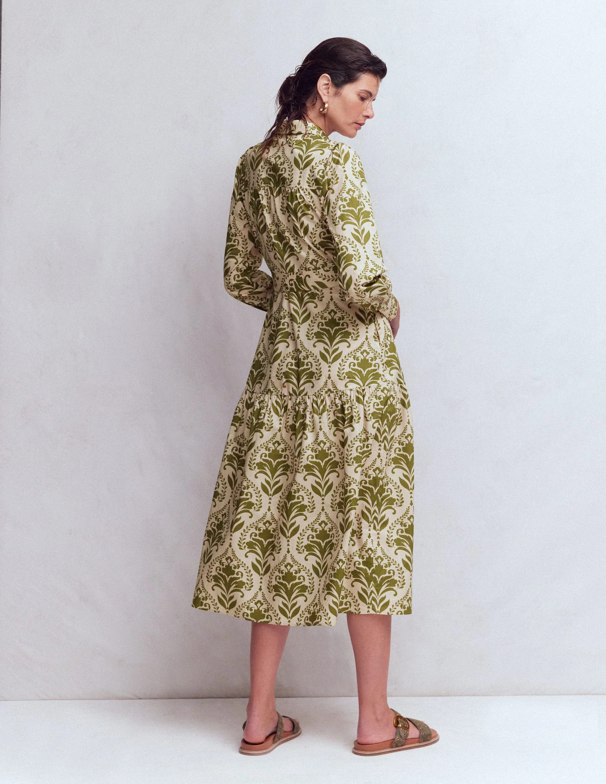 Ellie Cotton Maxi Shirt Dress-Green Decorative Lattice - Image 3