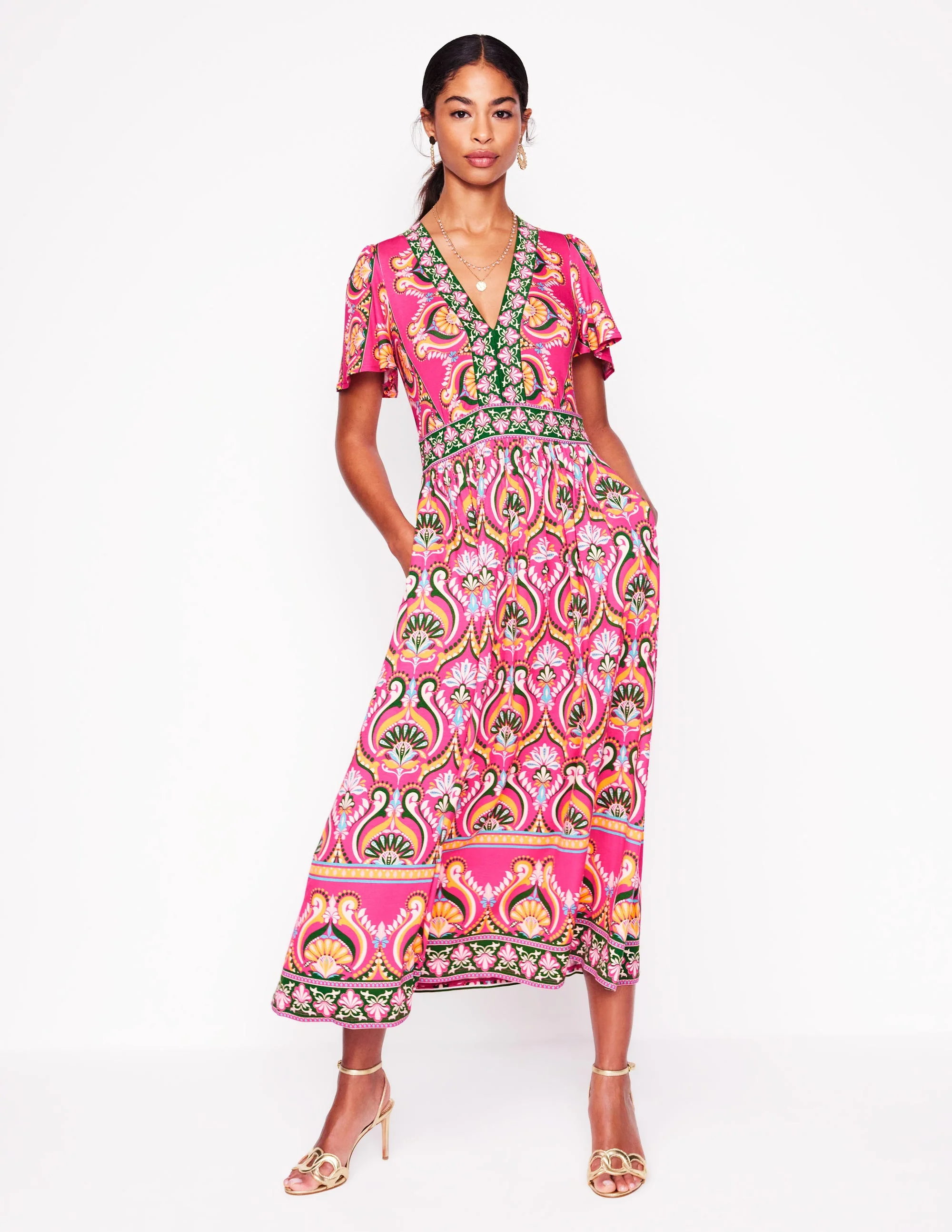 Ellie Flutter Maxi Tea Dress-Pink Peony, Ornamental Floral - Image 5