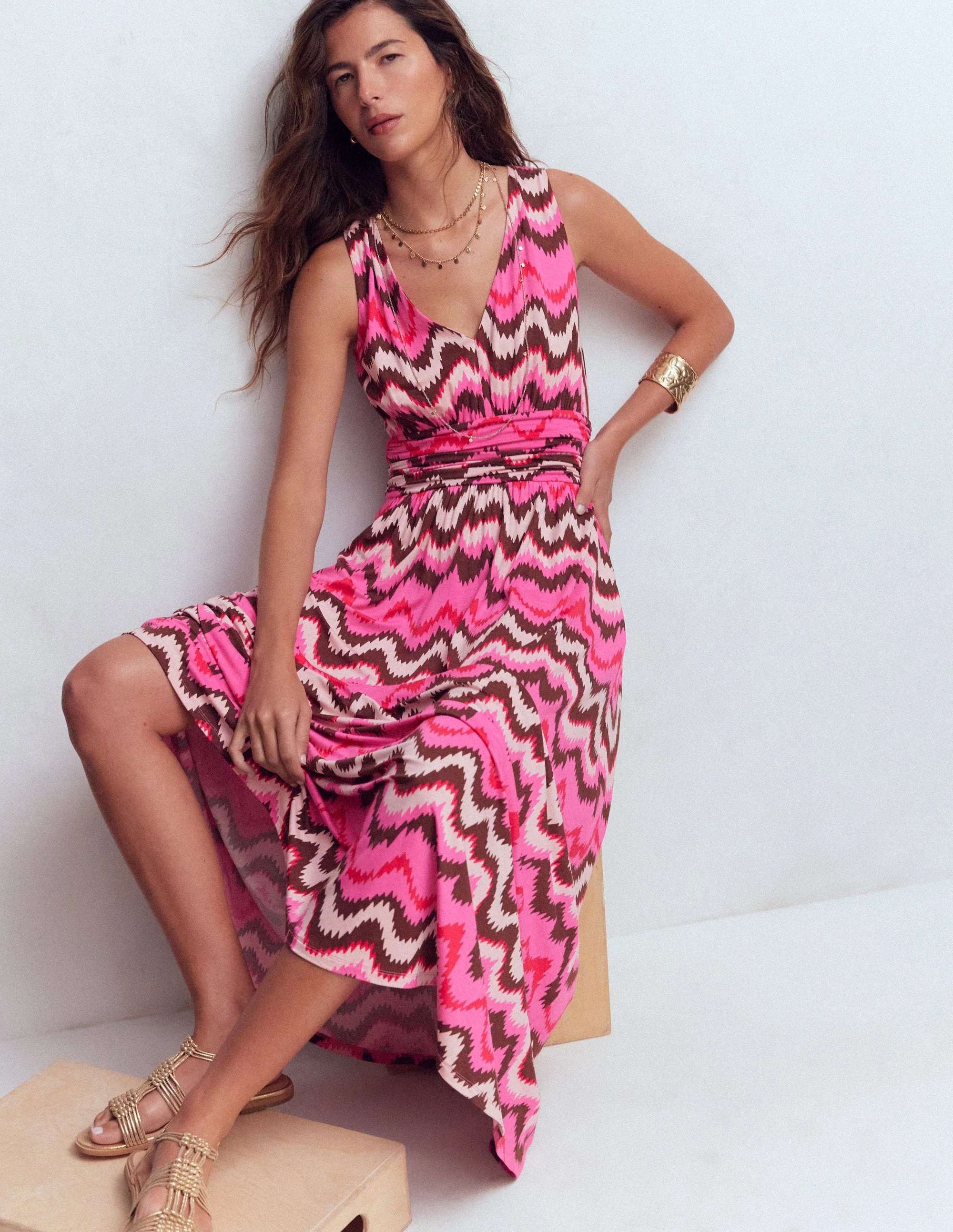 Elodie Jersey Maxi Dress-Pink Punch, Zig Zag Wave - Image 6