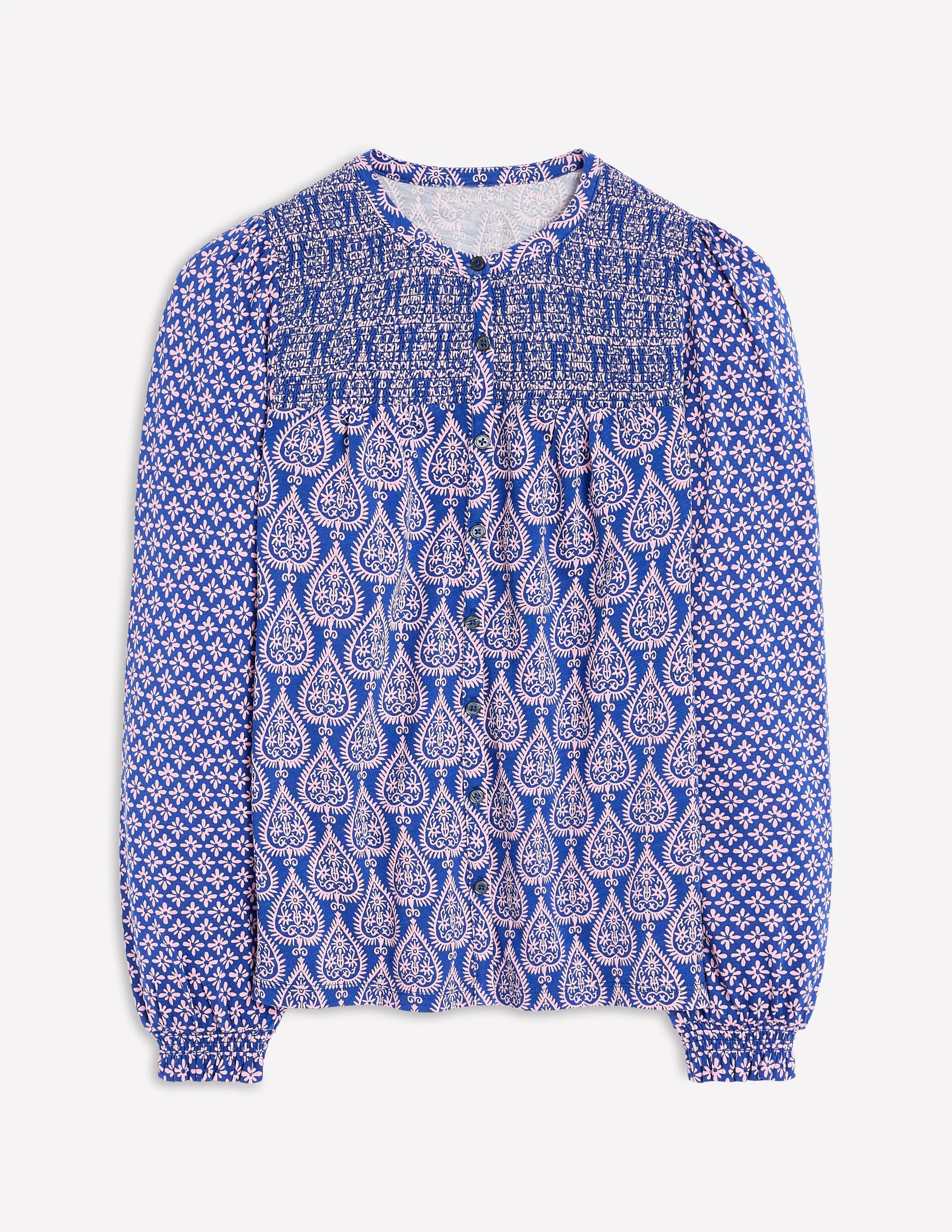 Elsa Smocked Yoke Jersey Shirt-Bright Blue, Ornate Geo - Image 5