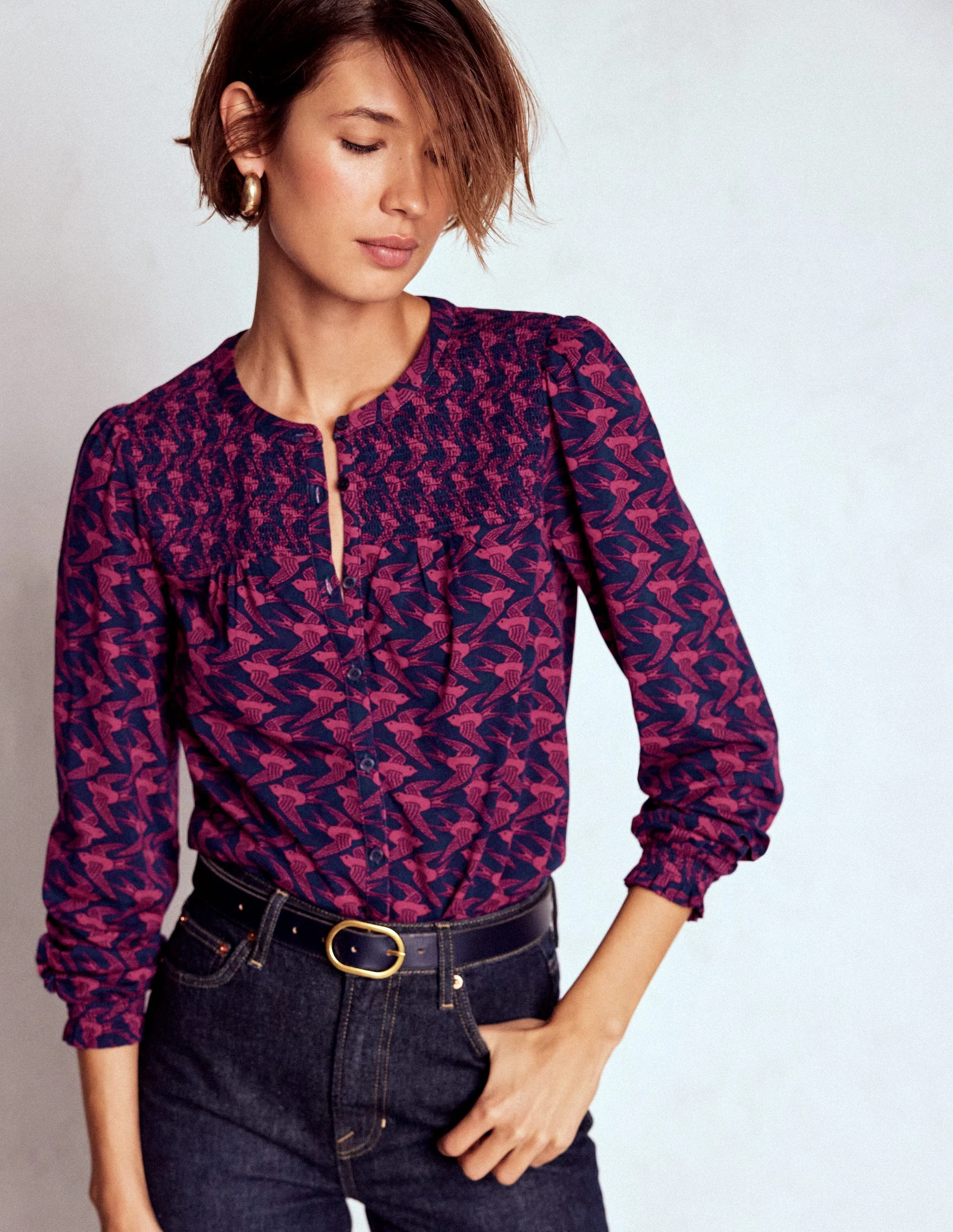 Elsa Smocked Yoke Jersey Shirt-French Navy, Swooping Swallow