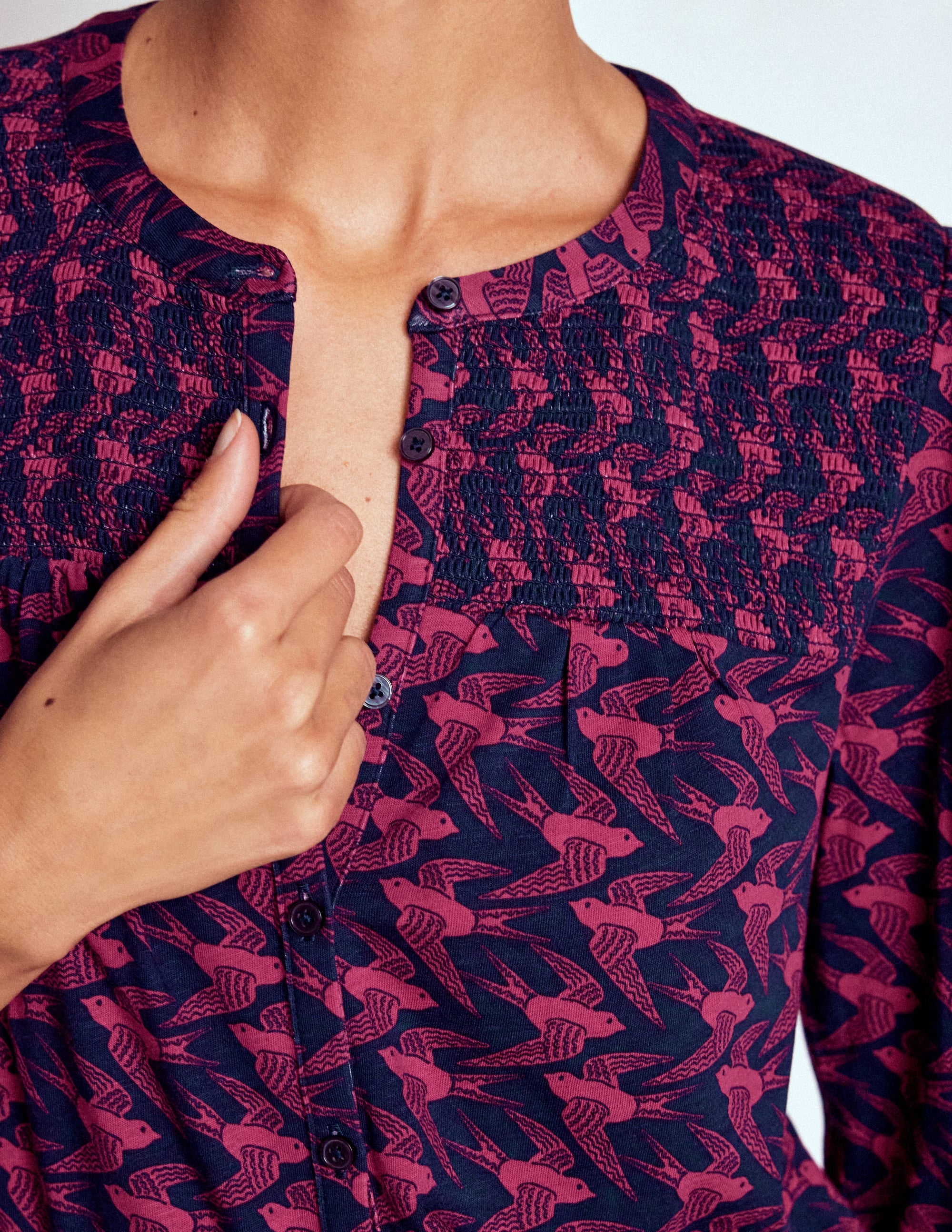 Elsa Smocked Yoke Jersey Shirt-French Navy, Swooping Swallow - Image 2