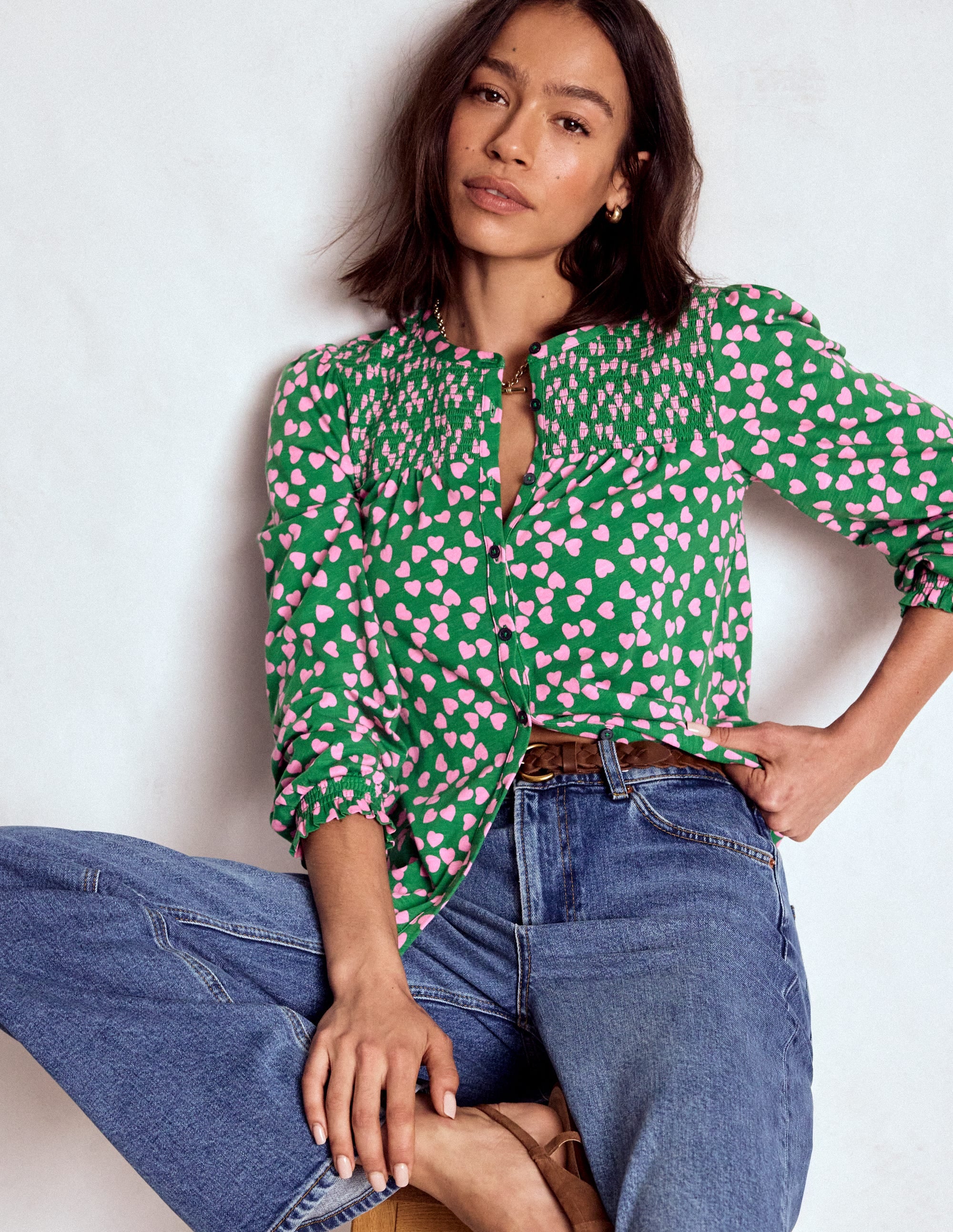 Elsa Smocked Yoke Jersey Shirt-Highland Green, Heart Cascade