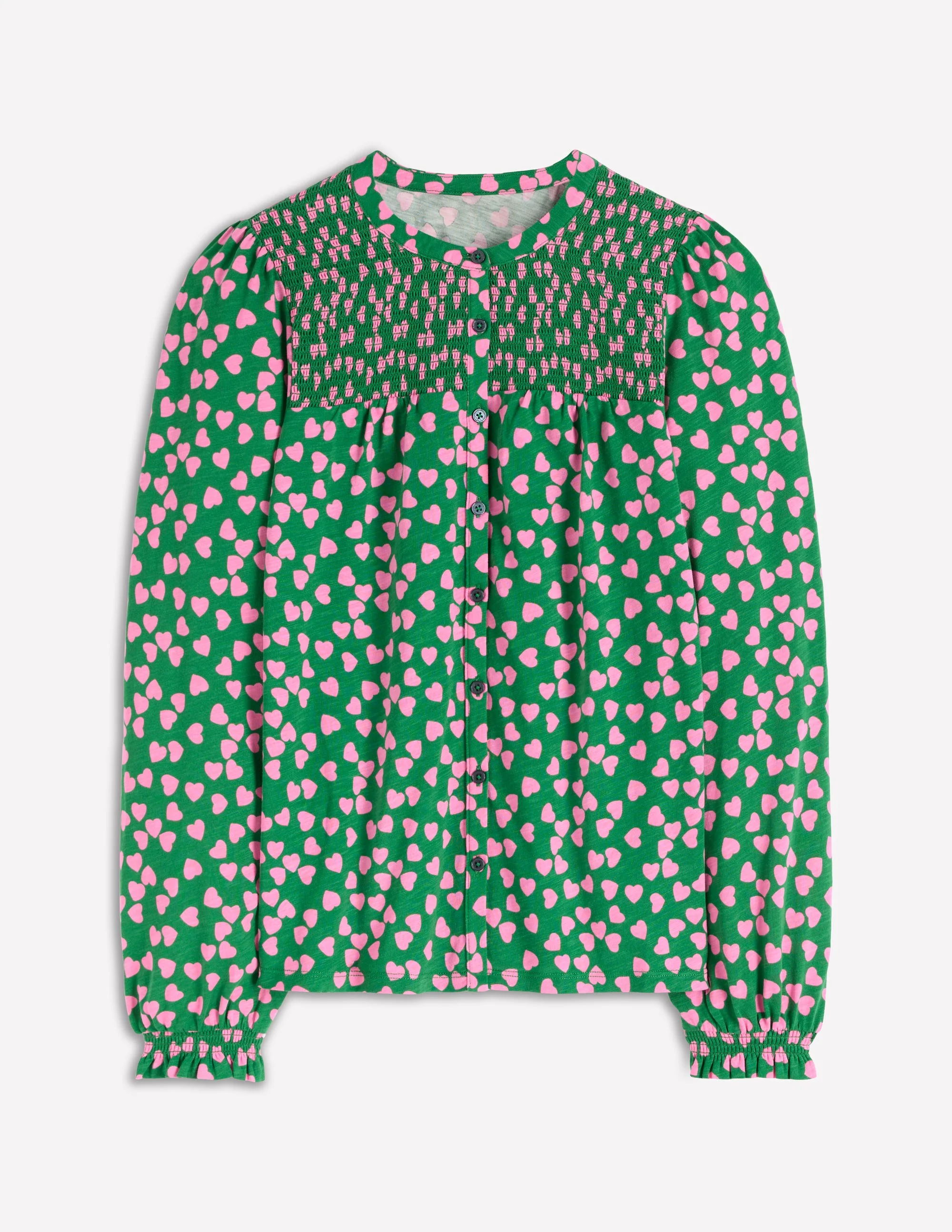 Elsa Smocked Yoke Jersey Shirt-Highland Green, Heart Cascade - Image 5