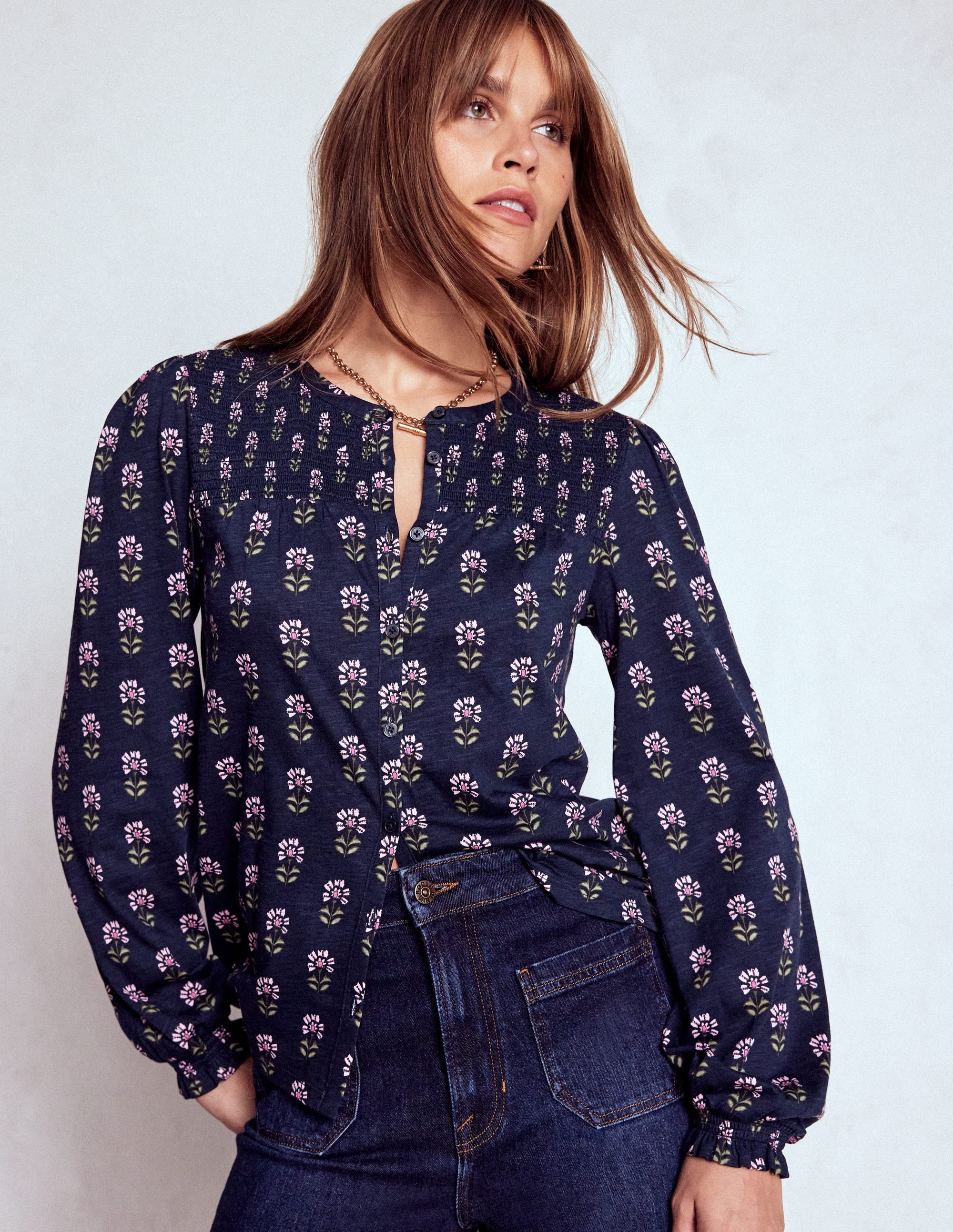 Elsa Smocked Yoke Jersey Shirt-Navy, Woodblock Flower - Image 3