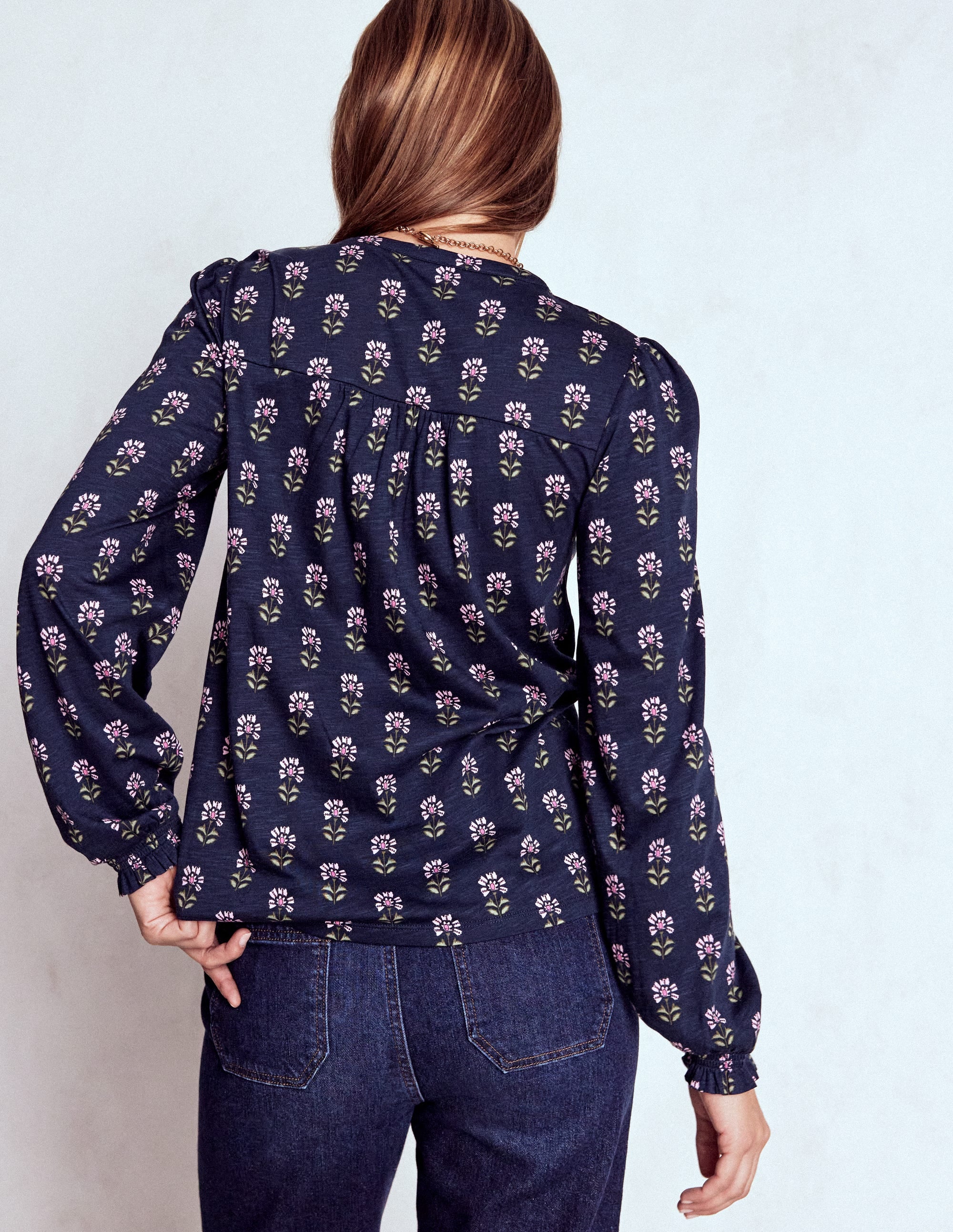 Elsa Smocked Yoke Jersey Shirt-Navy, Woodblock Flower - Image 4