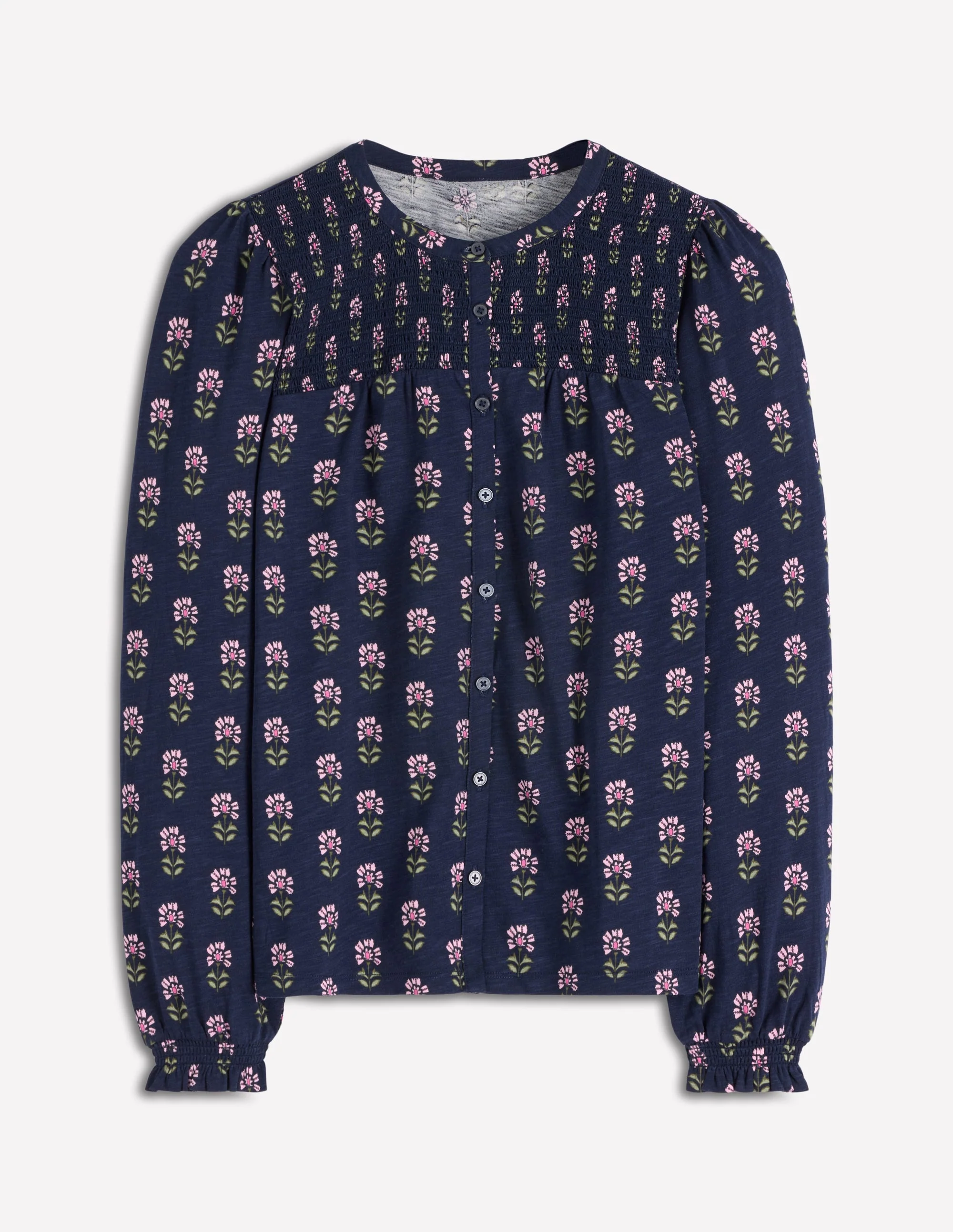 Elsa Smocked Yoke Jersey Shirt-Navy, Woodblock Flower - Image 6