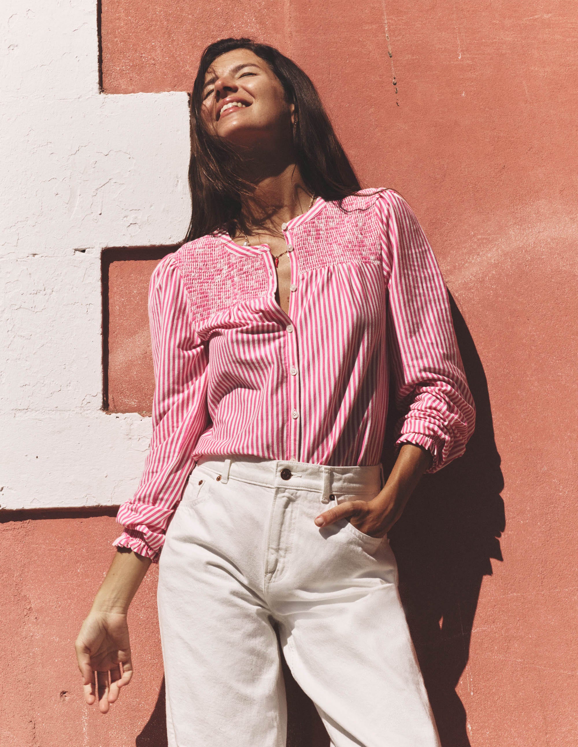Elsa Smocked Yoke Jersey Shirt-Pink Ribbon Stripe - Image 5