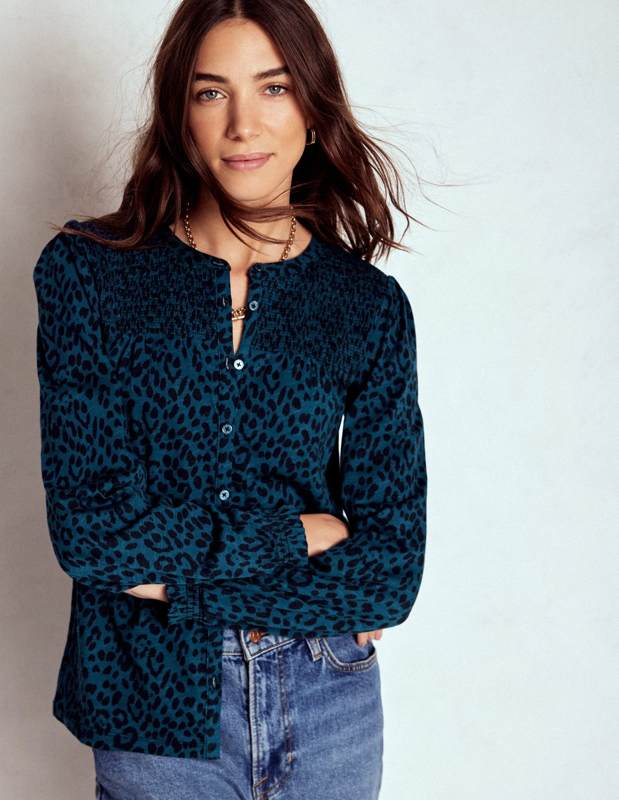 Elsa Smocked Yoke Jersey Shirt-Teal Leopard