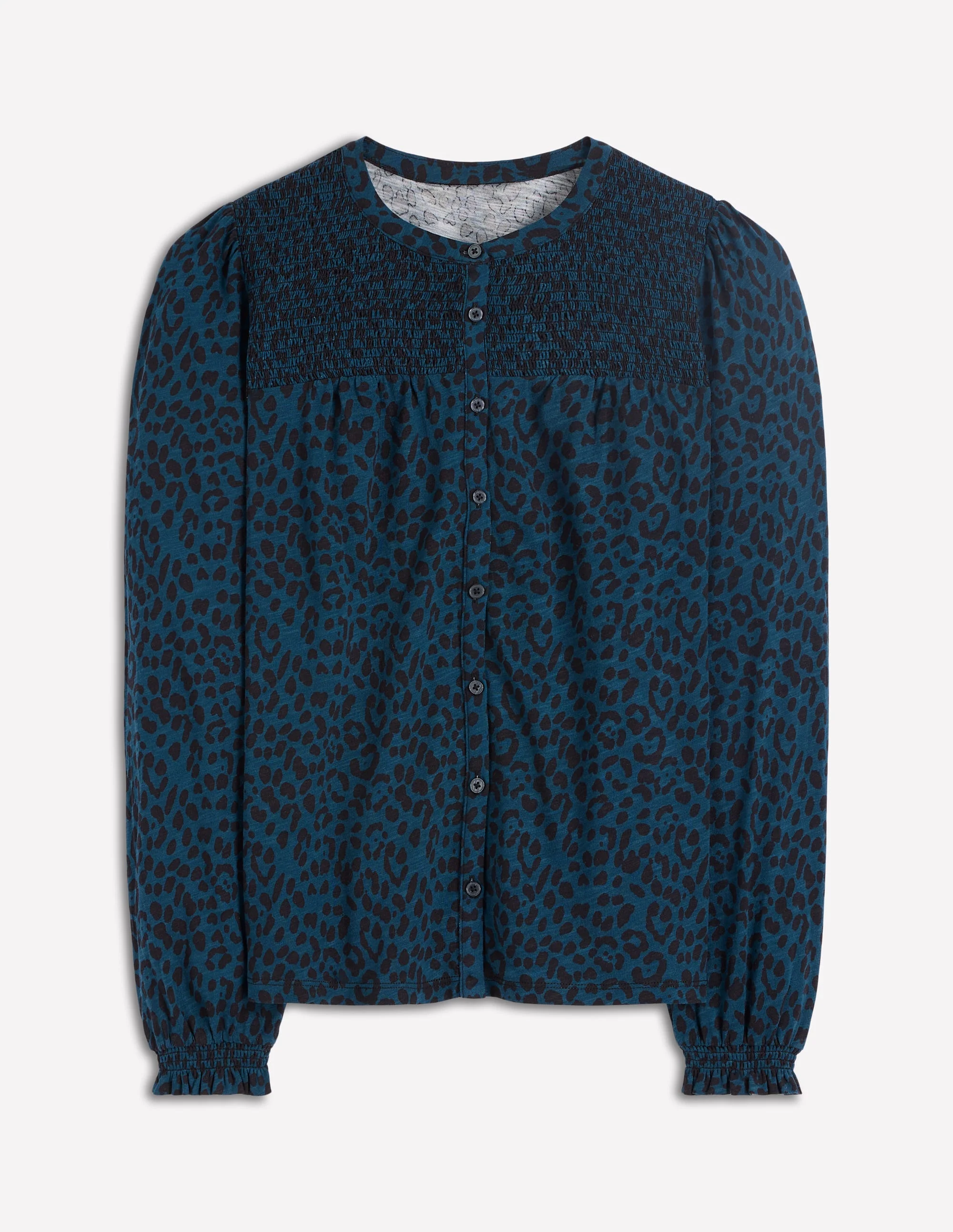 Elsa Smocked Yoke Jersey Shirt-Teal Leopard - Image 6