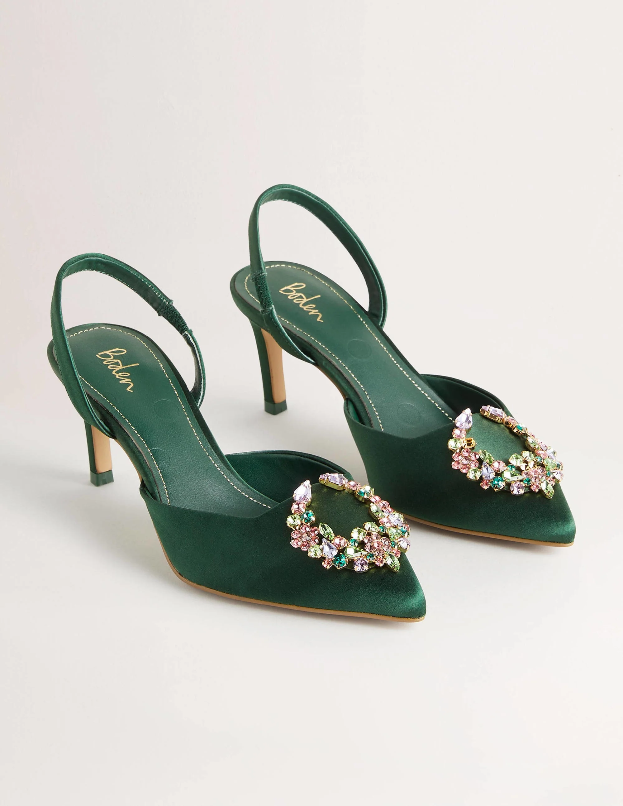 Embellished Slingback Heels-Hunter Green, Multi Jewels - Image 2