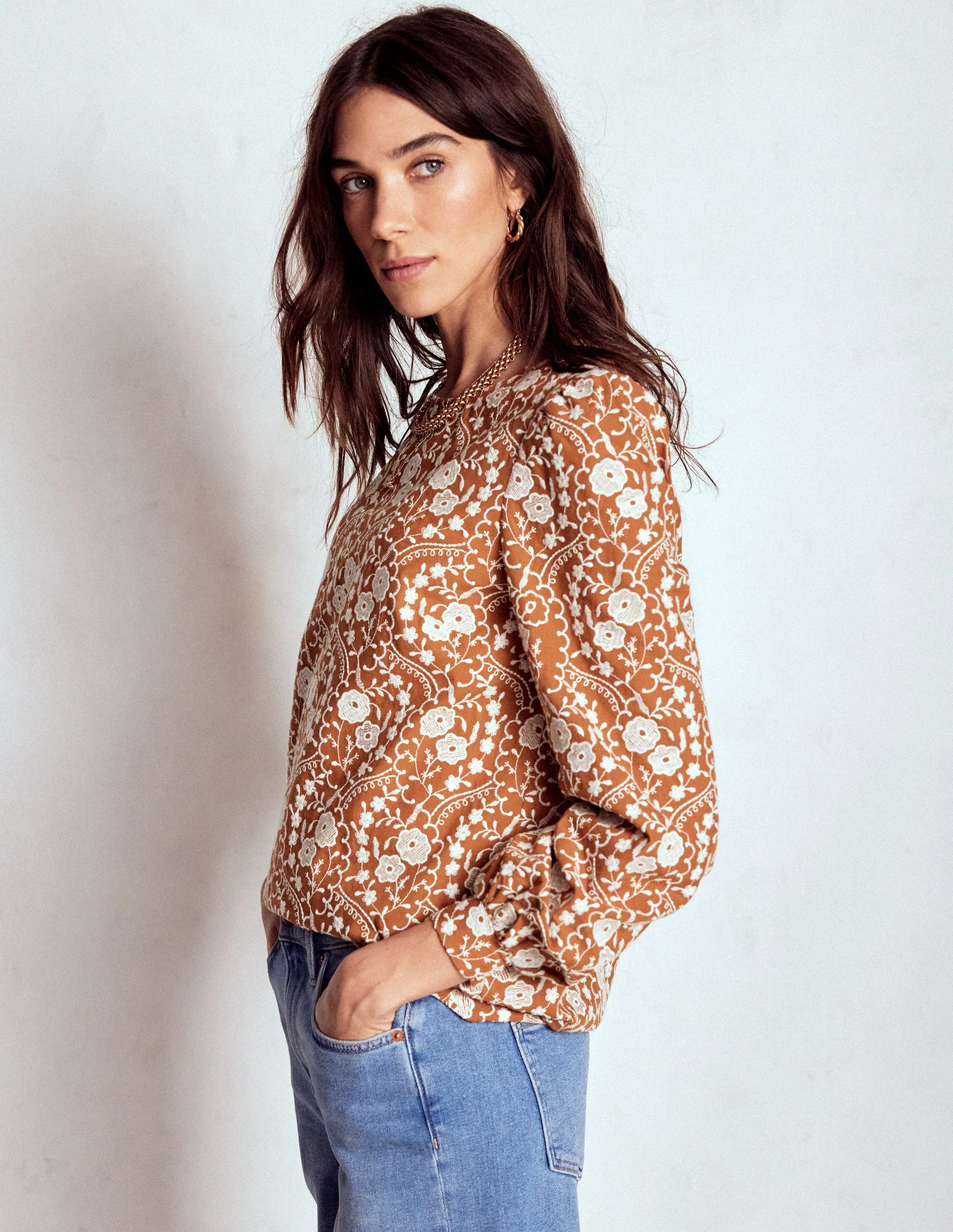 Embroidered Cotton Top-Brown - Image 5