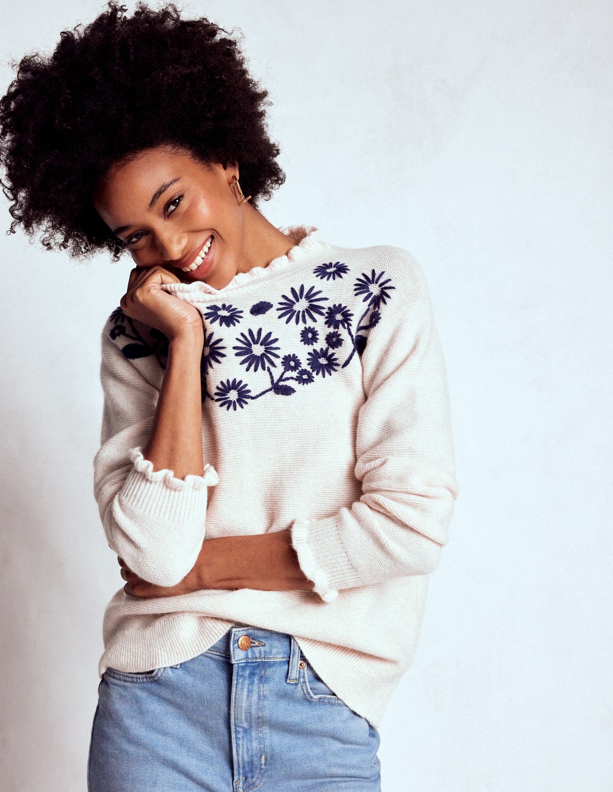 Embroidered Frill Jumper-Warm Ivory - Image 3
