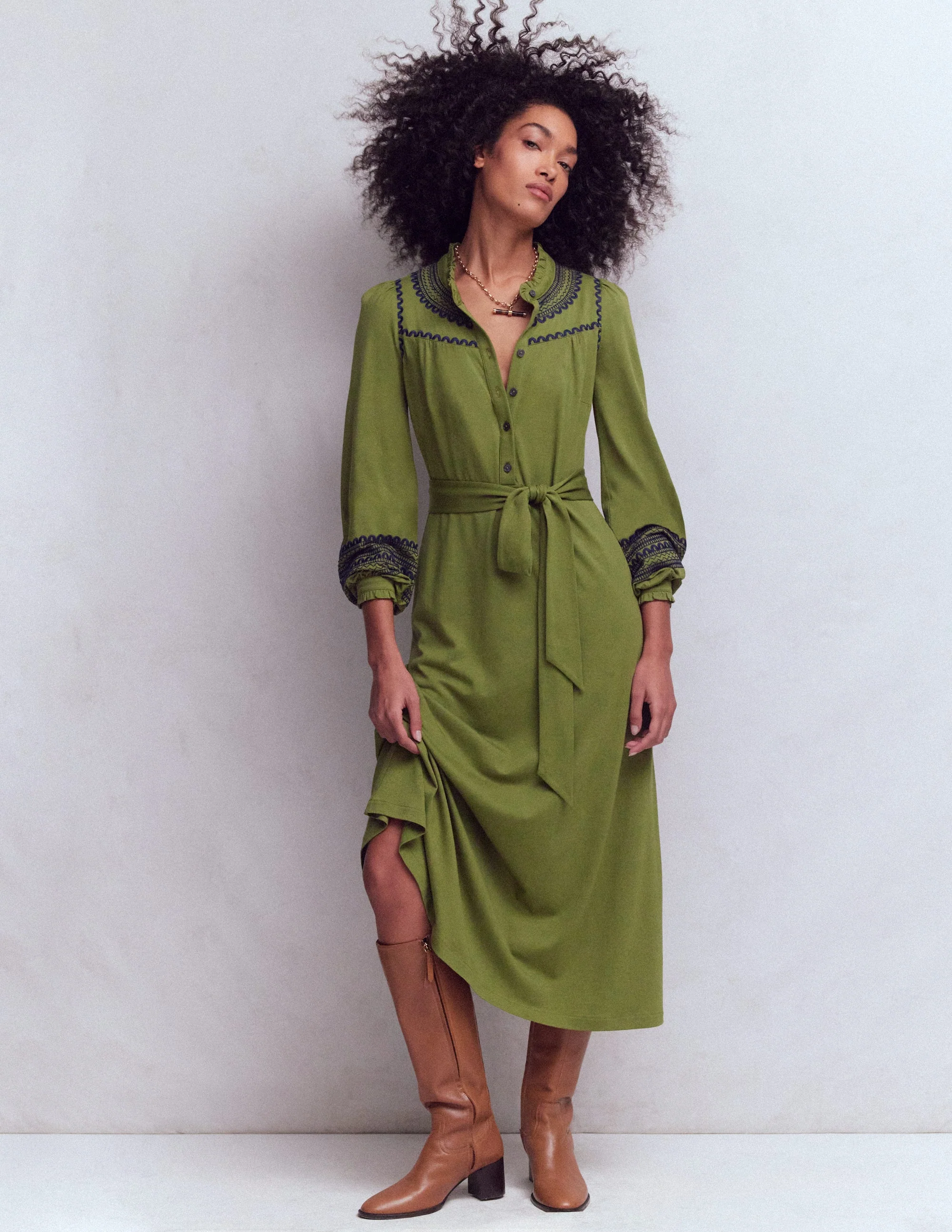 Embroidered Jersey Shirt Dress-Olive
