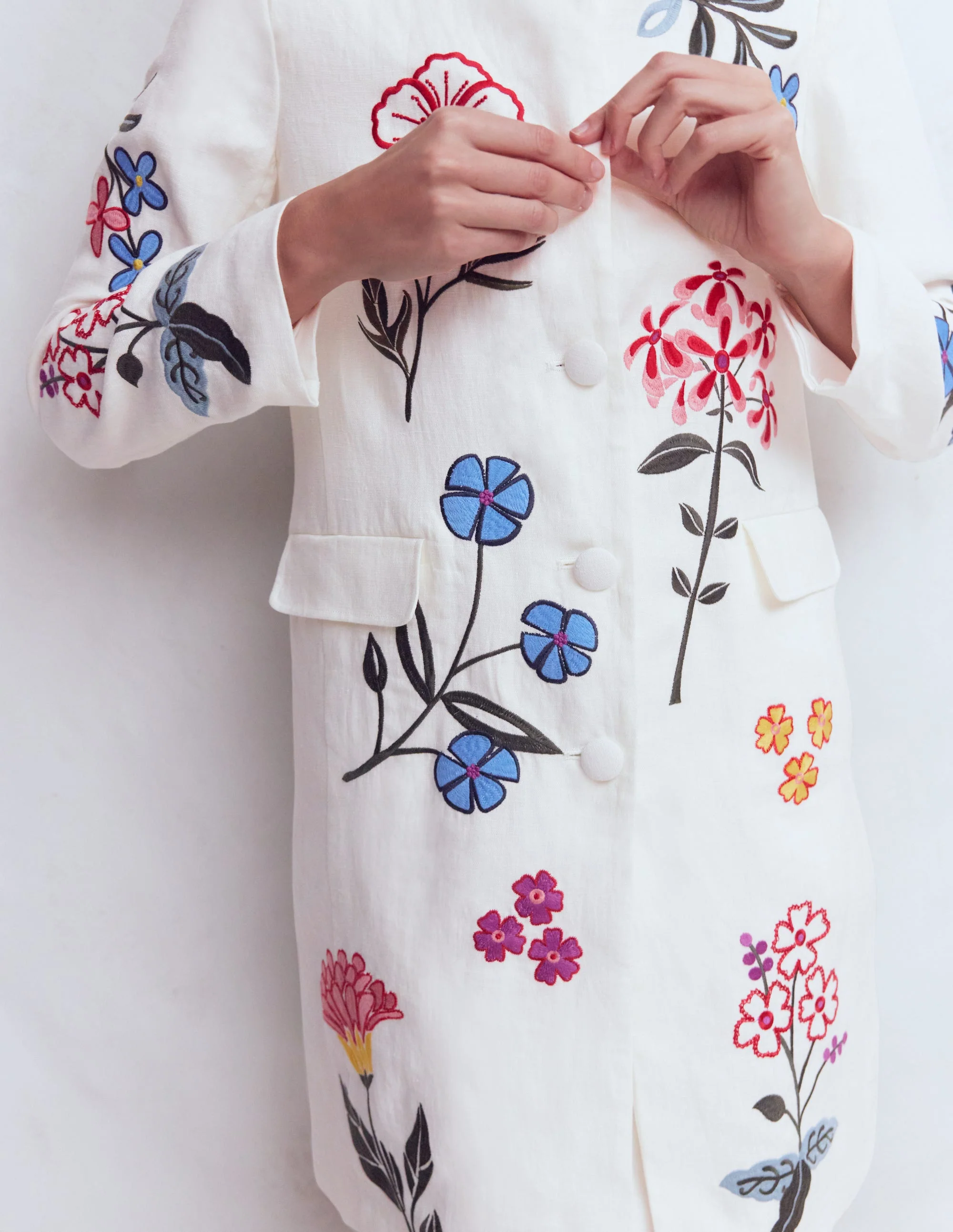 Embroidered Linen Coat-Ivory Embroidered - Image 3