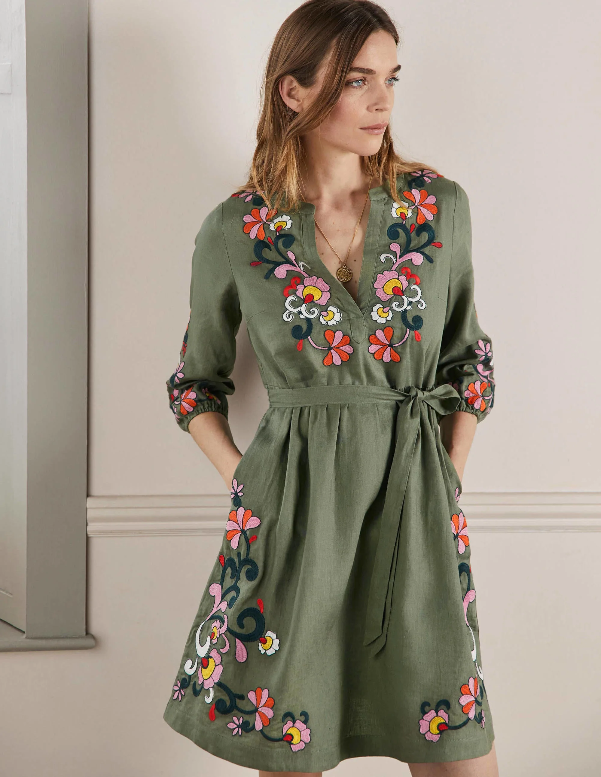 Embroidered Linen Dress-Alder