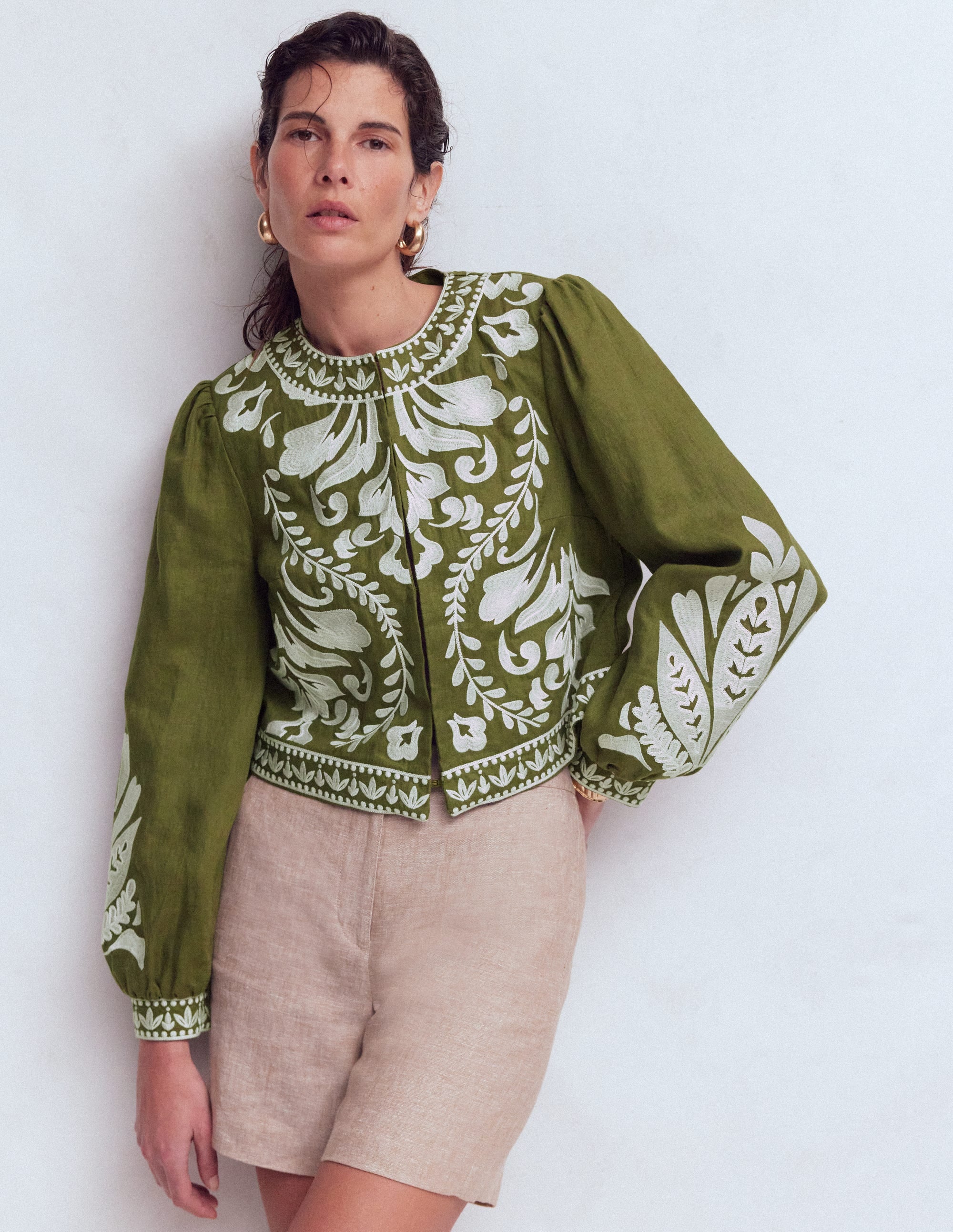 Embroidered Linen Jacket-Woodland Green - Image 2