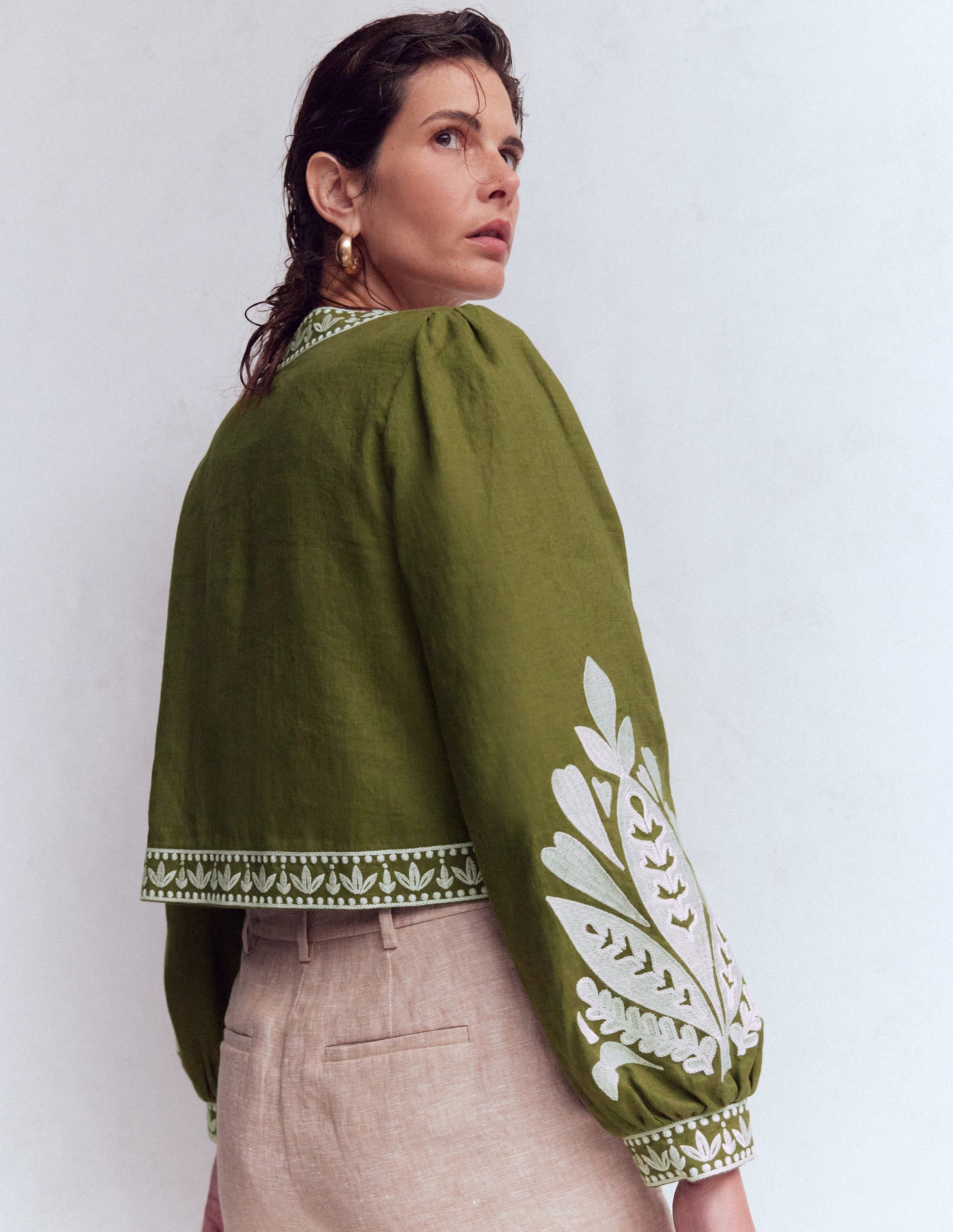 Embroidered Linen Jacket-Woodland Green - Image 5