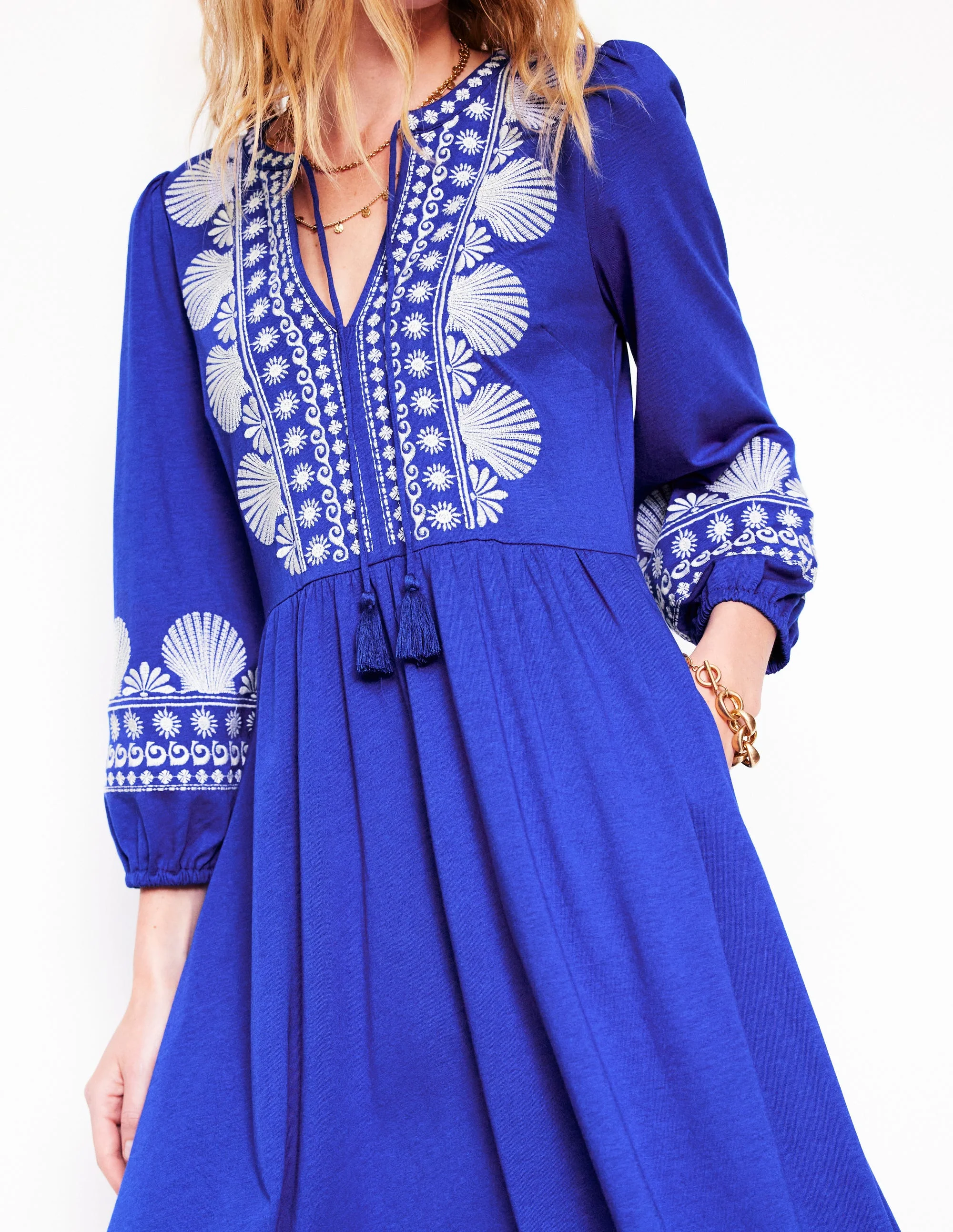 Embroidered Notch Neck Dress-Bright Blue, Ivory - Image 2