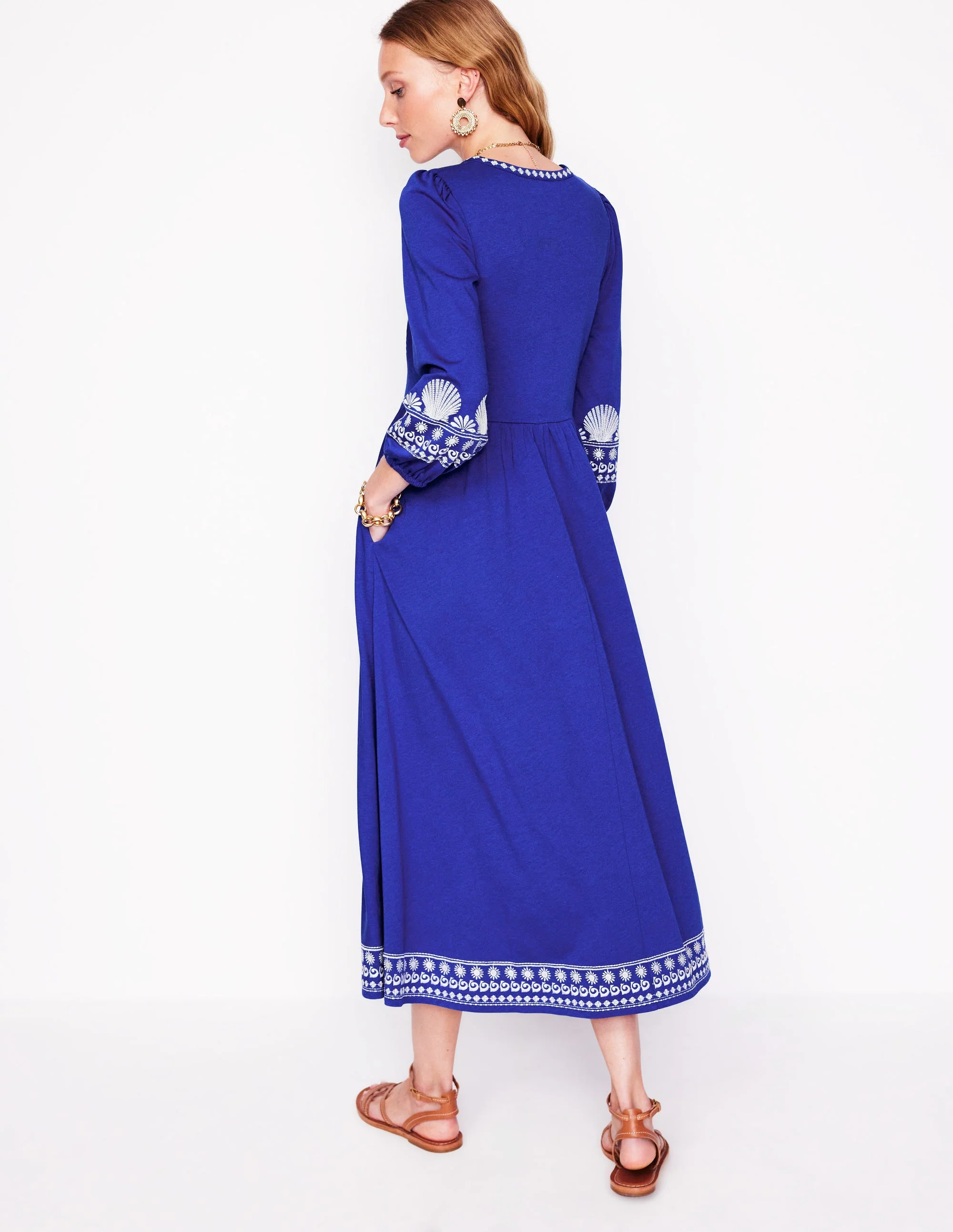 Embroidered Notch Neck Dress-Bright Blue, Ivory - Image 3