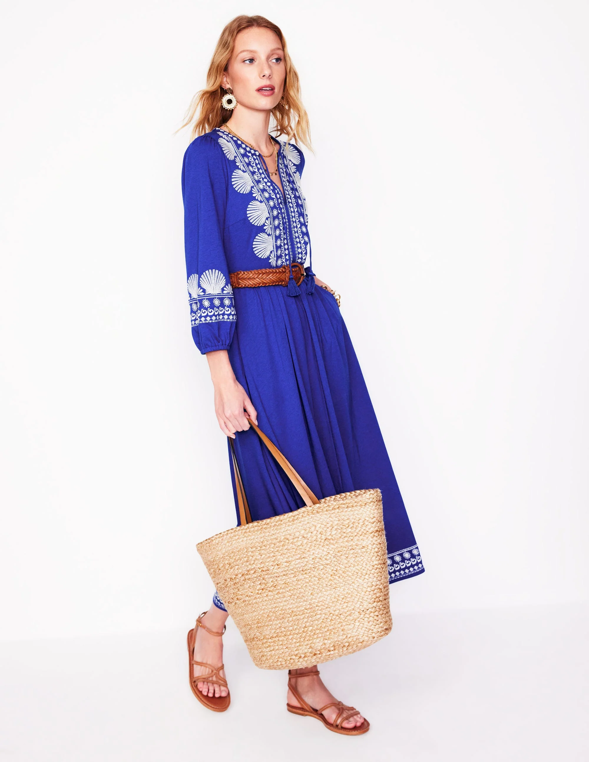 Embroidered Notch Neck Dress-Bright Blue, Ivory - Image 4