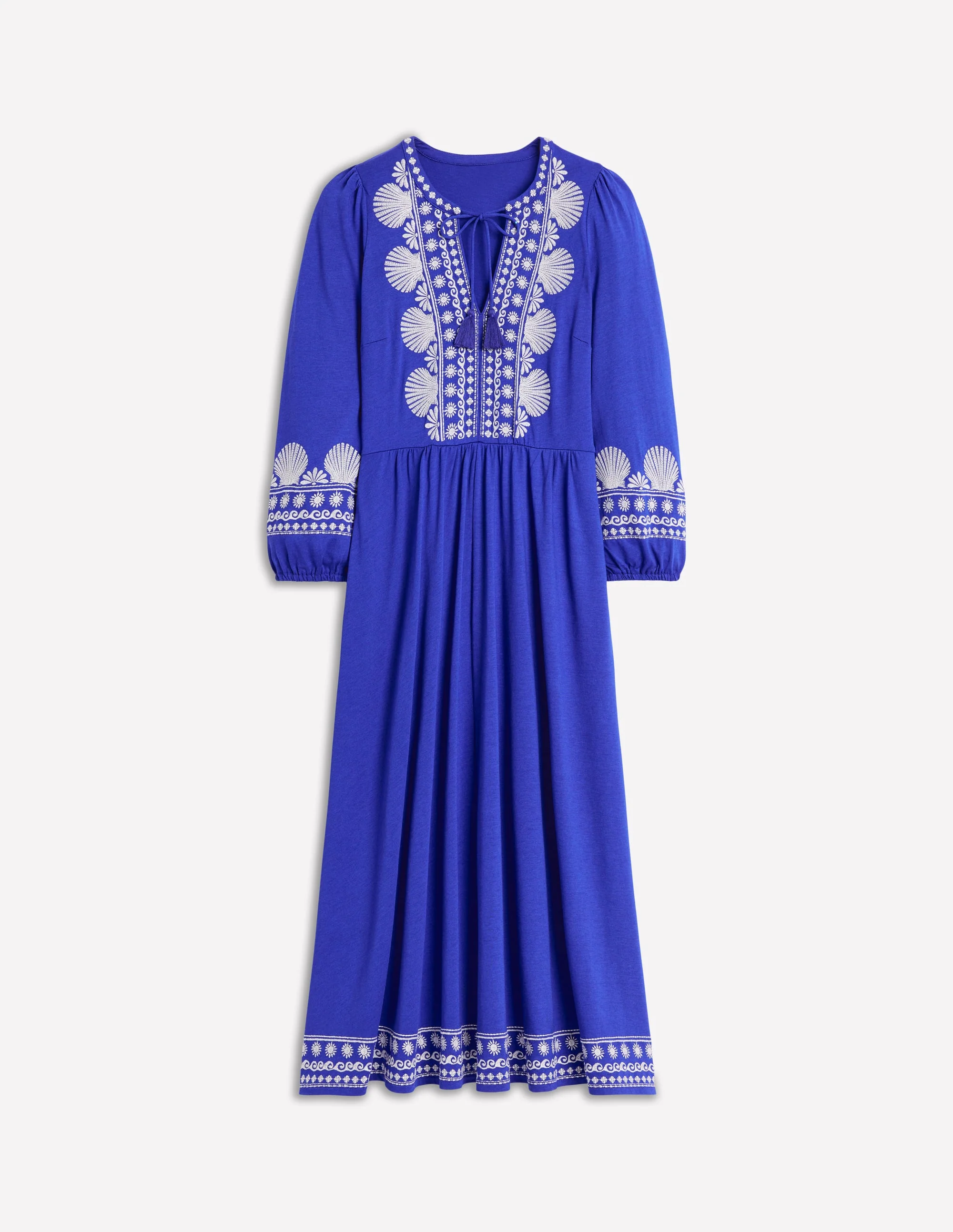 Embroidered Notch Neck Dress-Bright Blue, Ivory - Image 5